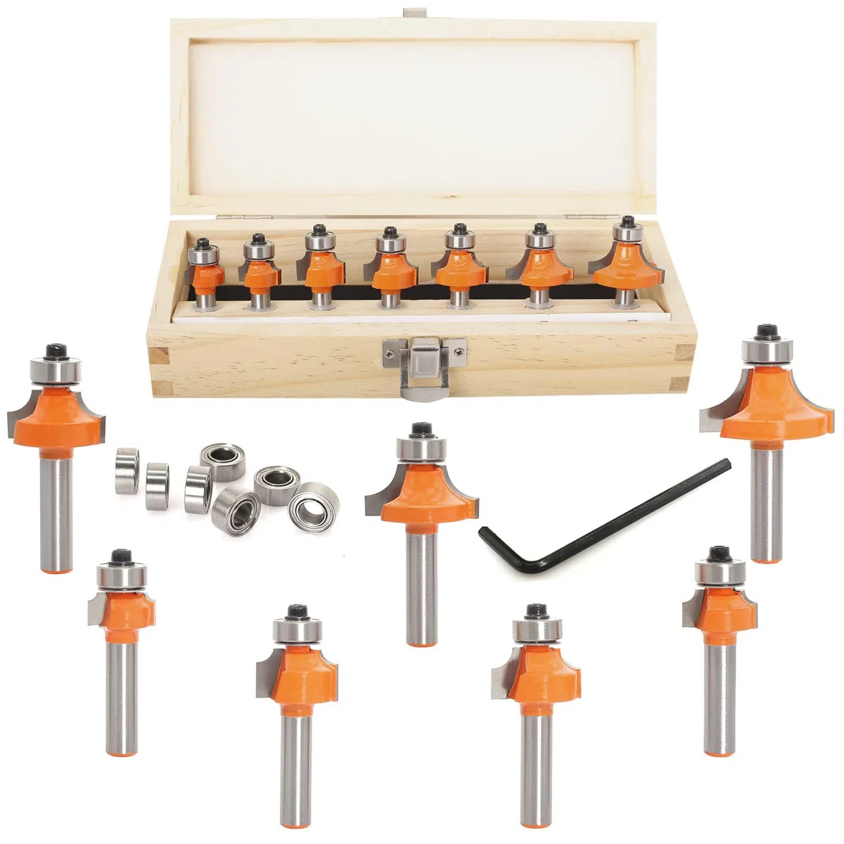 Jeu de 7 Fraises à Arrondir Quart-de-Rond pour Défonceuse – Queue 8 mm, Rayons 2/3/4/5/6/8/10 mm, Roulements Interchangeables 9,5 & 12,7 mm, Fraises Carbure pour Bois MDF Contreplaqué