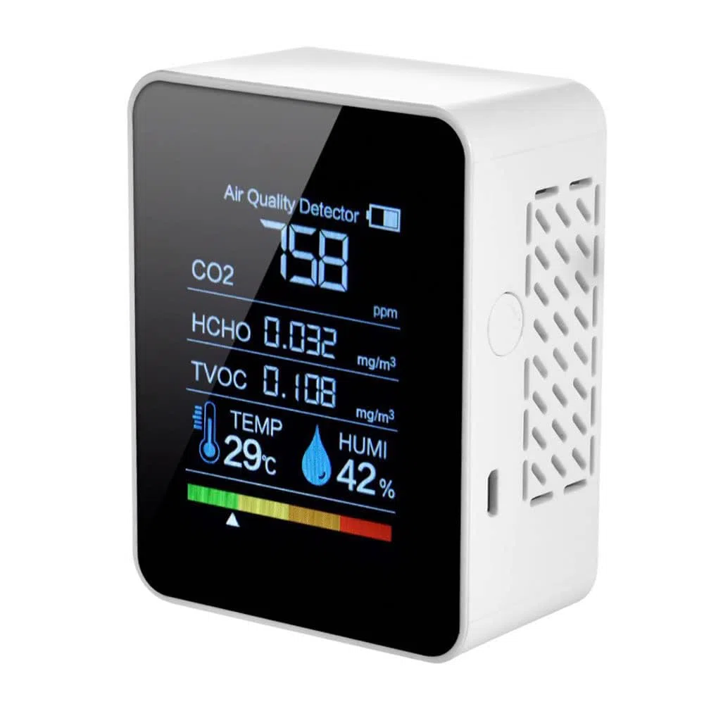 Détecteur de dioxyde de Carbone 5 en 1 Détecteur de qualité d'air intérieur CO2 Compteur numérique TVOC HCHO Moniteur de température et d'humidité Testeur de rétroéclairage (Blanc)