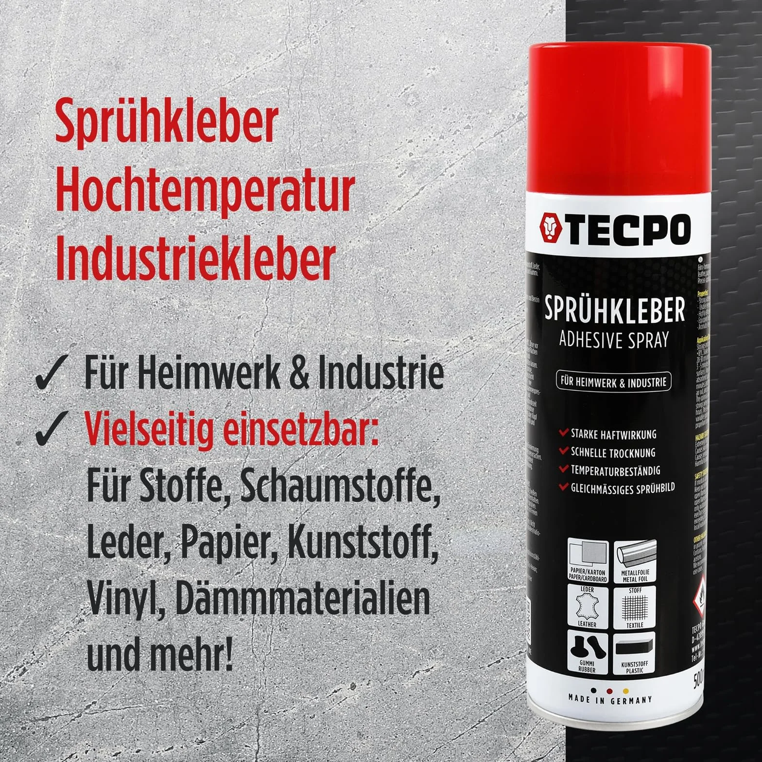 TECPO Lot de 4 sprays de colle industrielle 500 ml, adhésif industriel, forte adhérence, séchage rapide, haute résistance à la température, polyvalent pour textiles, cuir, mousses, matériaux d
