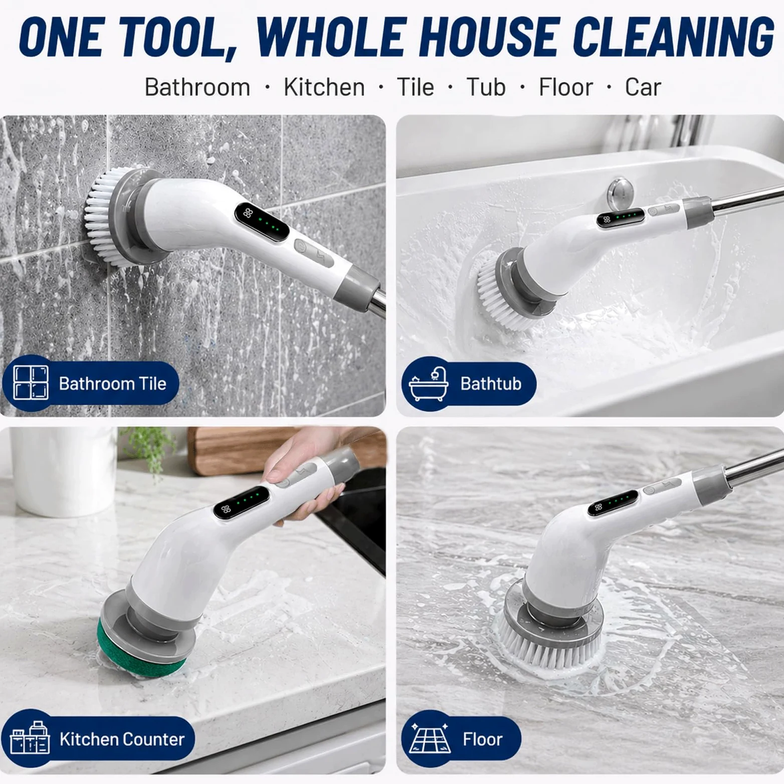 Brosse Nettoyage Electrique Rotative, Brosse Electrique Nettoyage avec 9 Têtes Interchangeables, Manche Réglable, IPX7 Étanche, 3 Vitesses, Electric Spin Scrubber pour Salle de Bain, Cuisine, Voiture