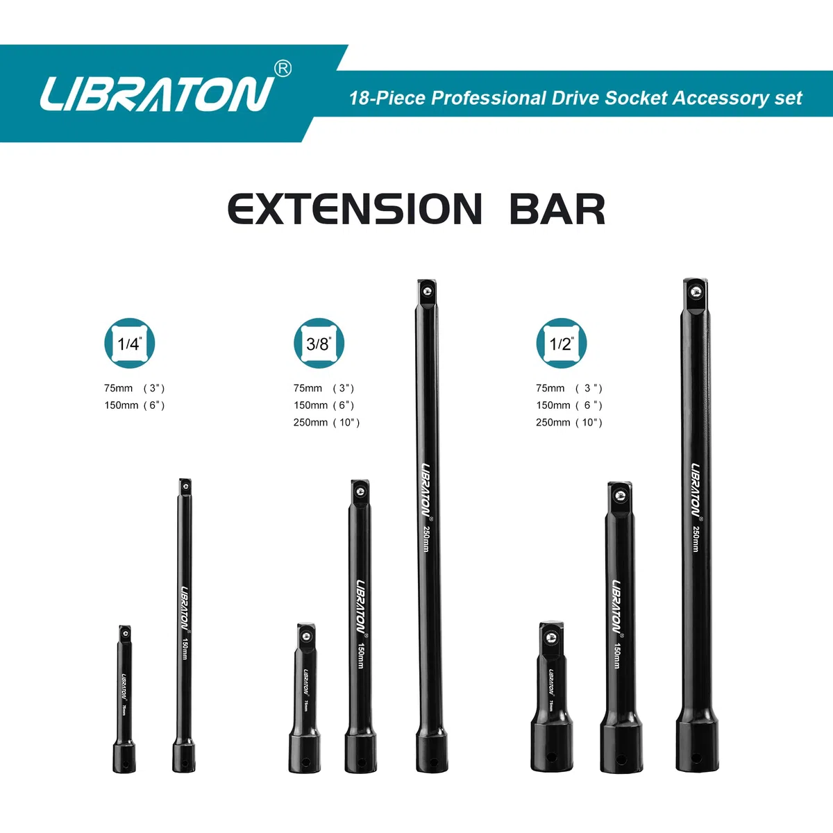LIBRATON Rallonge pour Cliquet, Set d’Adaptateurs et Douilles, 18PCS Extensions de Clé à Douille, Réducteurs et Cardans, Adaptateur Carré vers Hex 1/4 3/8 1/2