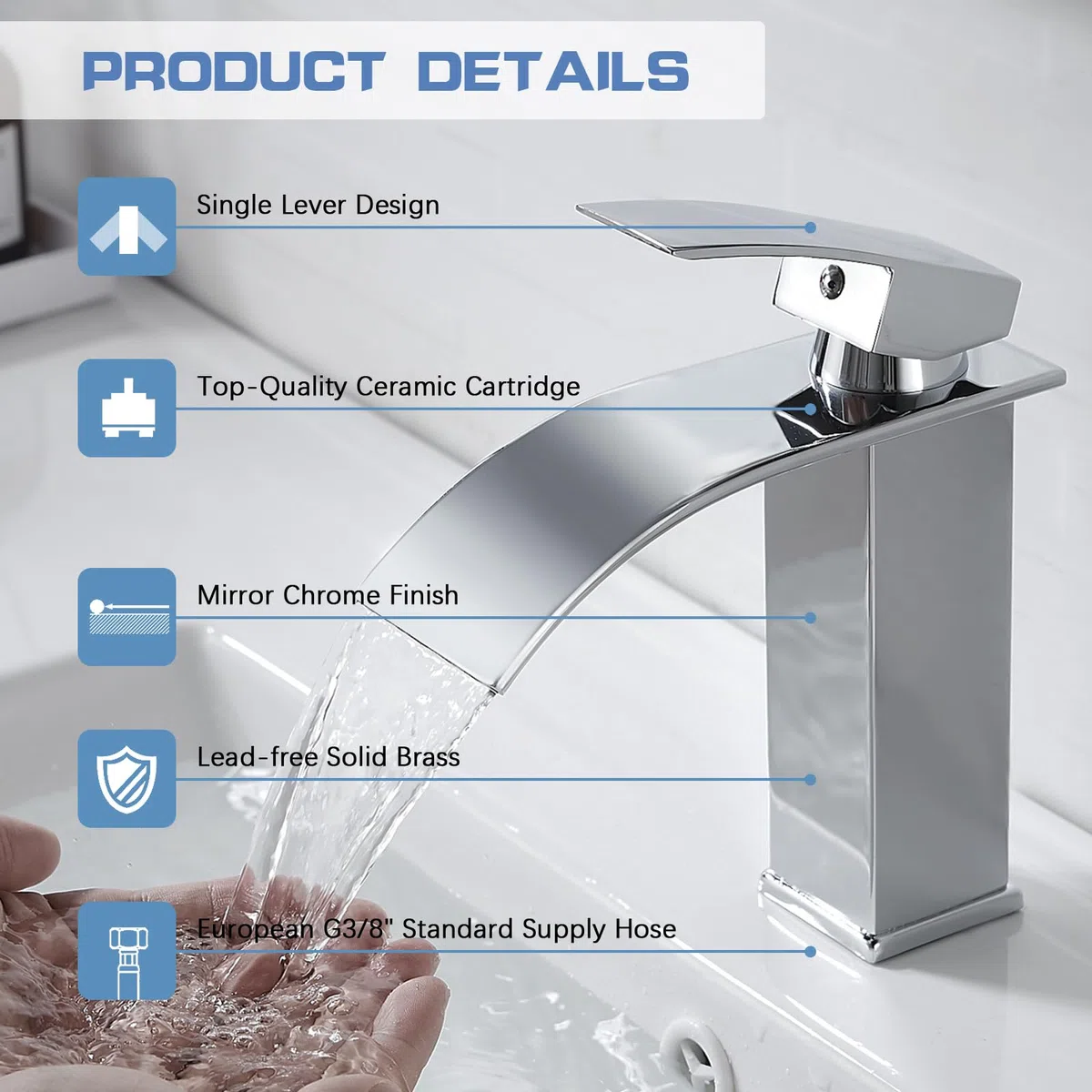 kisimixer Moderne Robinet Salle de Bain Cascade, Design Elégant Robinet Lavabo, Mitigeur Cascade, Eau Chaude et Froide Disponible, Robinetterie Chromé G 3/8, Mitigeur Lavabo sans Tirette de Vidage