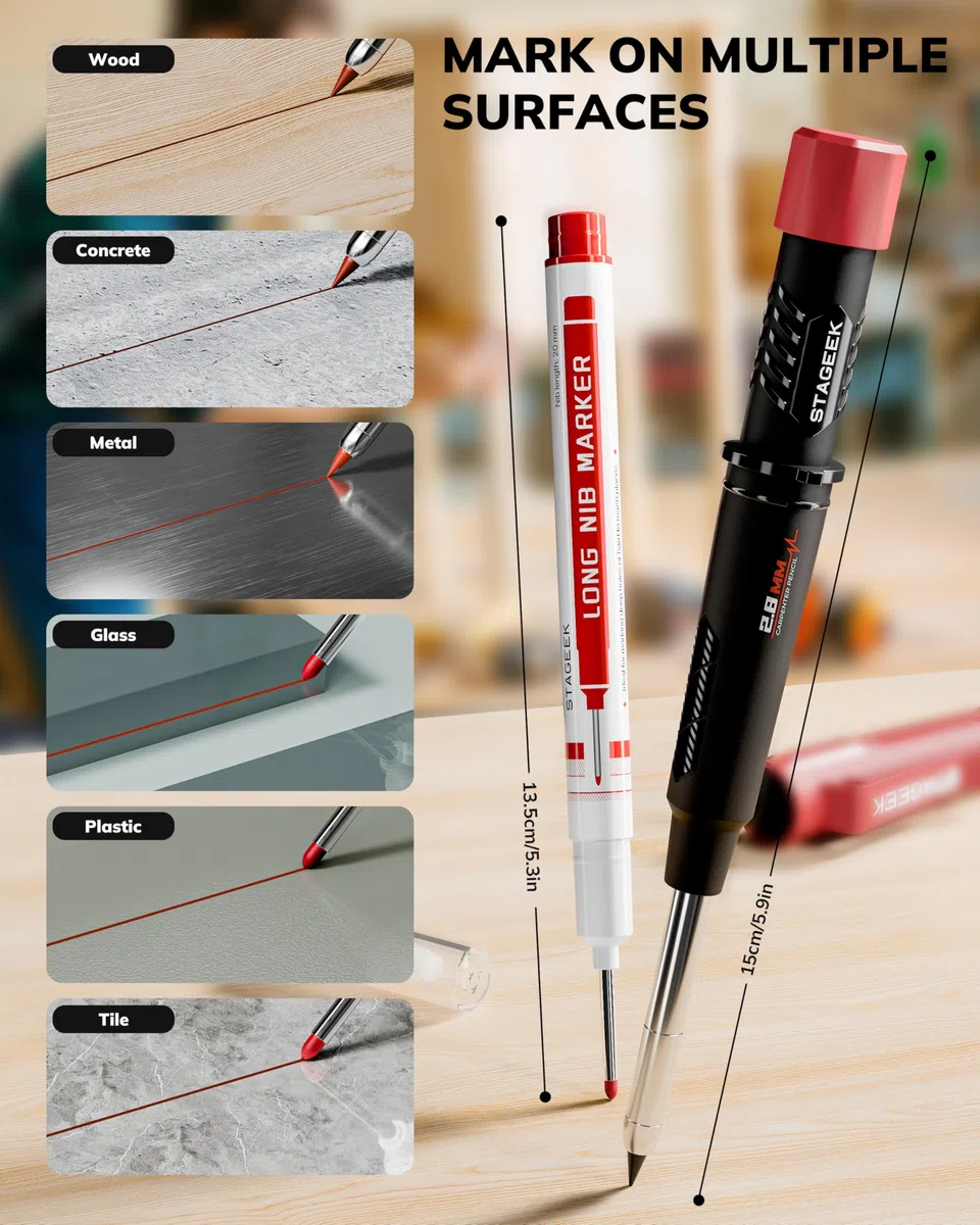 STAGEEK Lot de 4 Crayons Chantier Extensibles avec Holster, Taille Crayon, 76 Mines de Rechange, Pour Architecte, Menuisier, Bricolage, Dessin, Traçage sur Bois, Métal, Béton, Carrelage