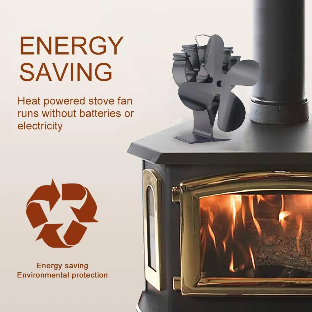 Ventilateur silencieux à 4 pales alimenté par la chaleur avec thermomètre magnétique pour poêle à bois/cheminée