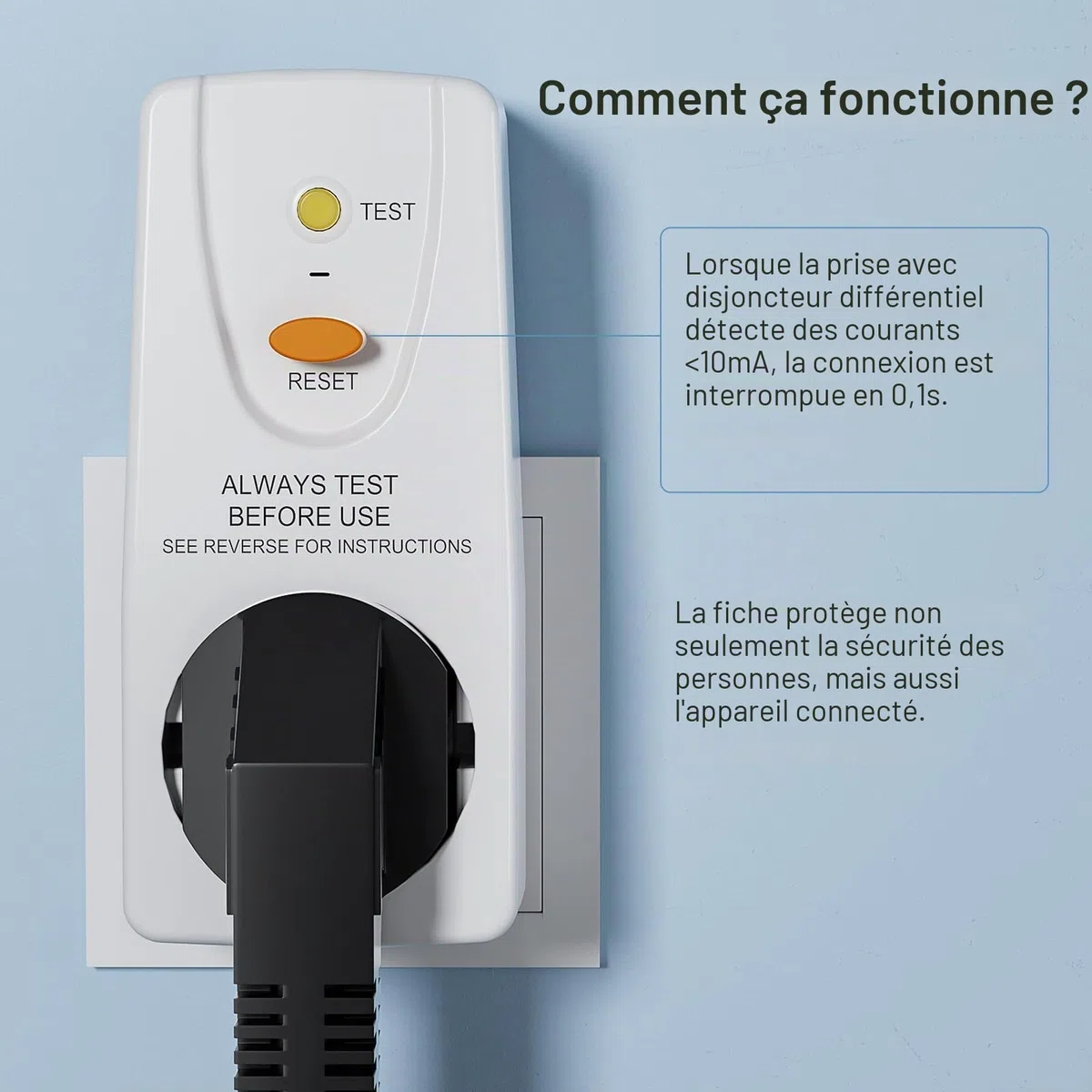 Prise de disjoncteur Fi - Anti-fuites et chocs électriques - Contact de protection 10 mA - 230 V - 16 A - Convient pour appareils ménagers et outils