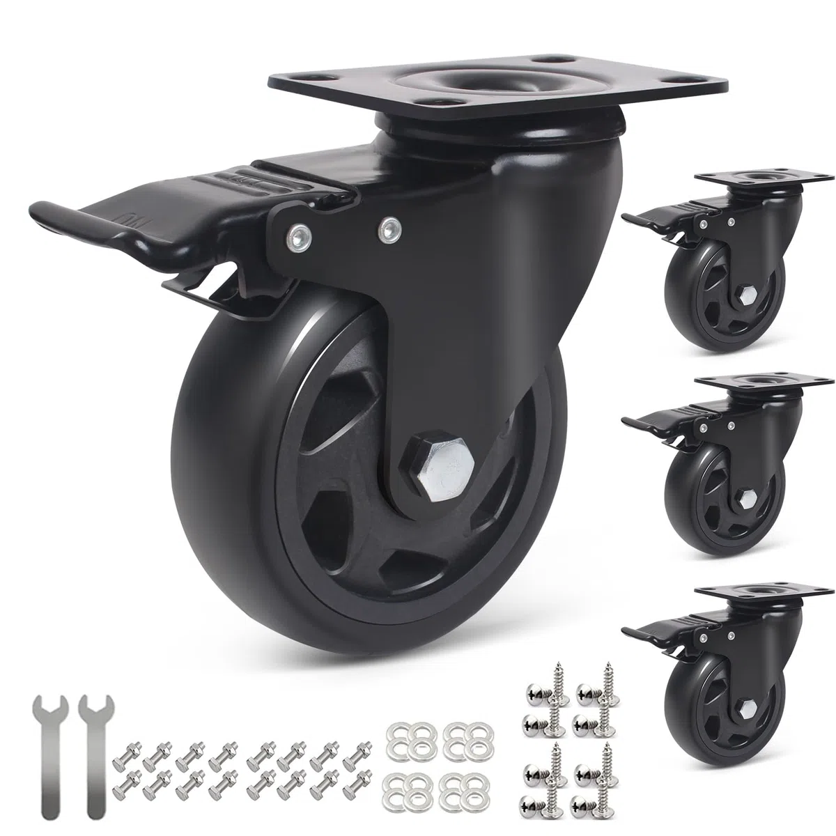 100mm Roulette Pivotante avec Frein, Lot de 4 Roulettes pour Meubles Jusqu'à 600KG, 360 Degrés Roulettes Charge Lourde Polyuréthane Roue de Transport (avec Vis)