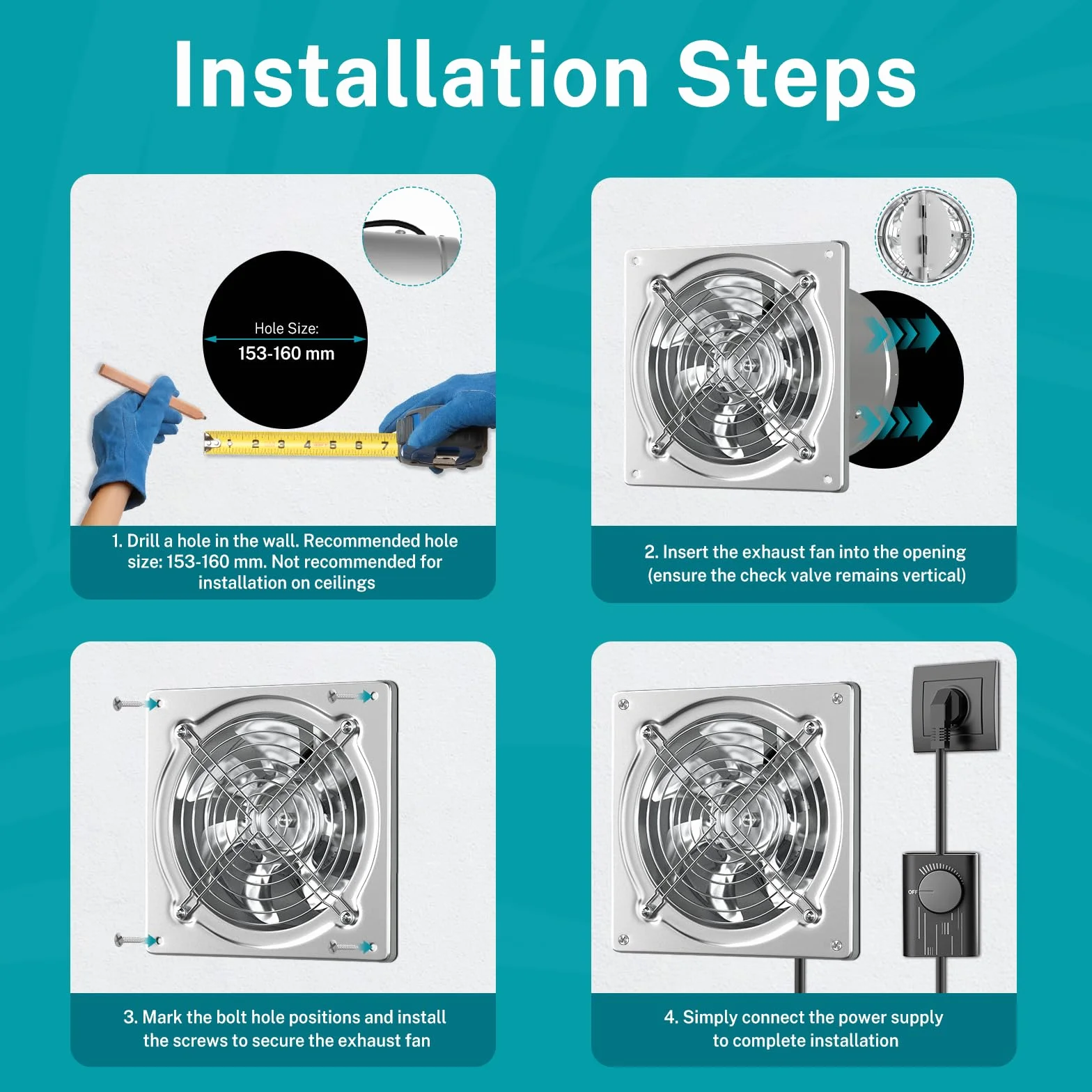 HG Power Ventilateur d'extraction d'air - 150 mm - En métal - Avec clapet anti-retour - Puissance : 525 m³/h - Avec prise européenne - Pour cuisine, salle de bain, garage, sous-sol - Argenté