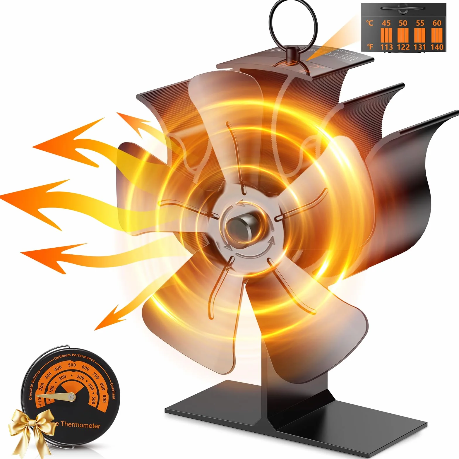 Ventilateur Poêle à Bois, 5 Pales Alimenté par La Chaleur Ventilateur Cheminee, Ventilateur Silencieux pour Poêle à Bois Cheminée Gaz Bûches Poele Avec Thermomètre