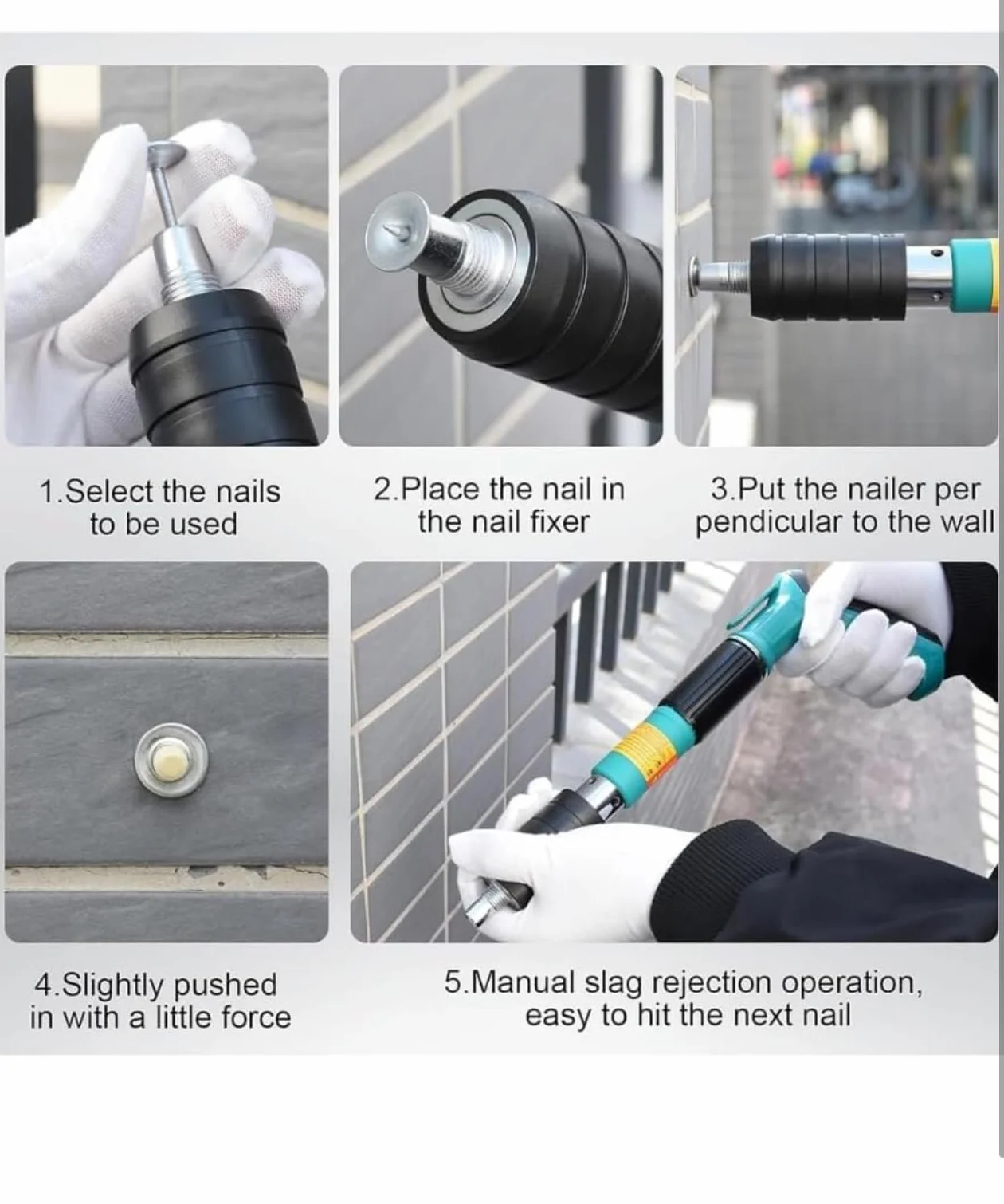Bdit accessoires Pistolet à clous, pistolet à ongles à air comprimé manuel, tire des clous pour ciment et fer, cloueuse avec 10 clous ronds - pour acier et béton - Facile à utiliser