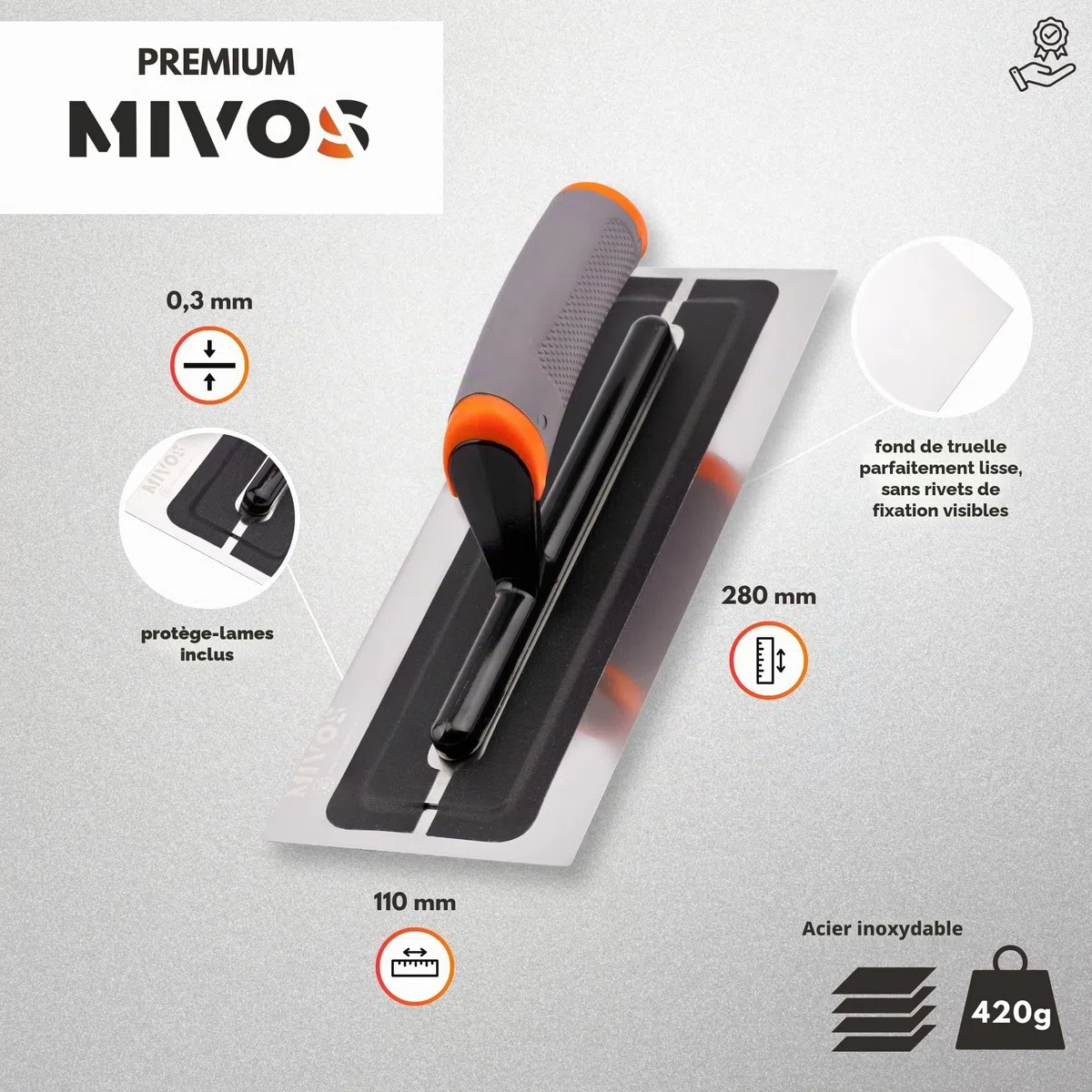 MIVOS Pelle à enduire Premium en acier inoxydable de haute qualité 280x110mm - Spatule pour enduit professionnel - Lisseuse - Outil de cloison sèche - Poignée ergonomique et antidérapante - FABRIQUÉ