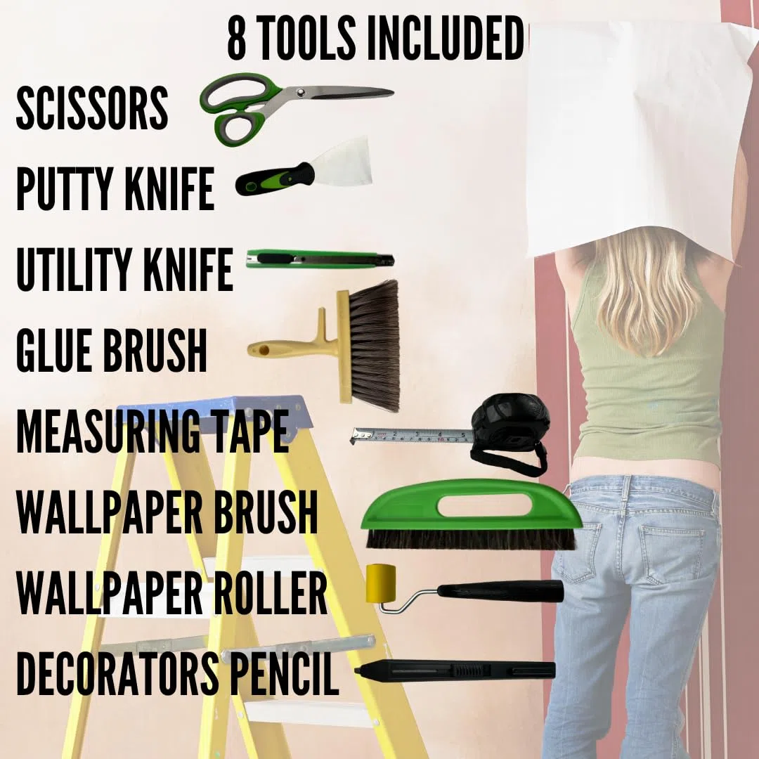 Kit de colle à papier peint – Le lot comprend un kit de 8 pièces contenant un pinceau à pâte à papier peint et un lisseur, un rouleau de couture pour papier peint, un grattoir à papier peint