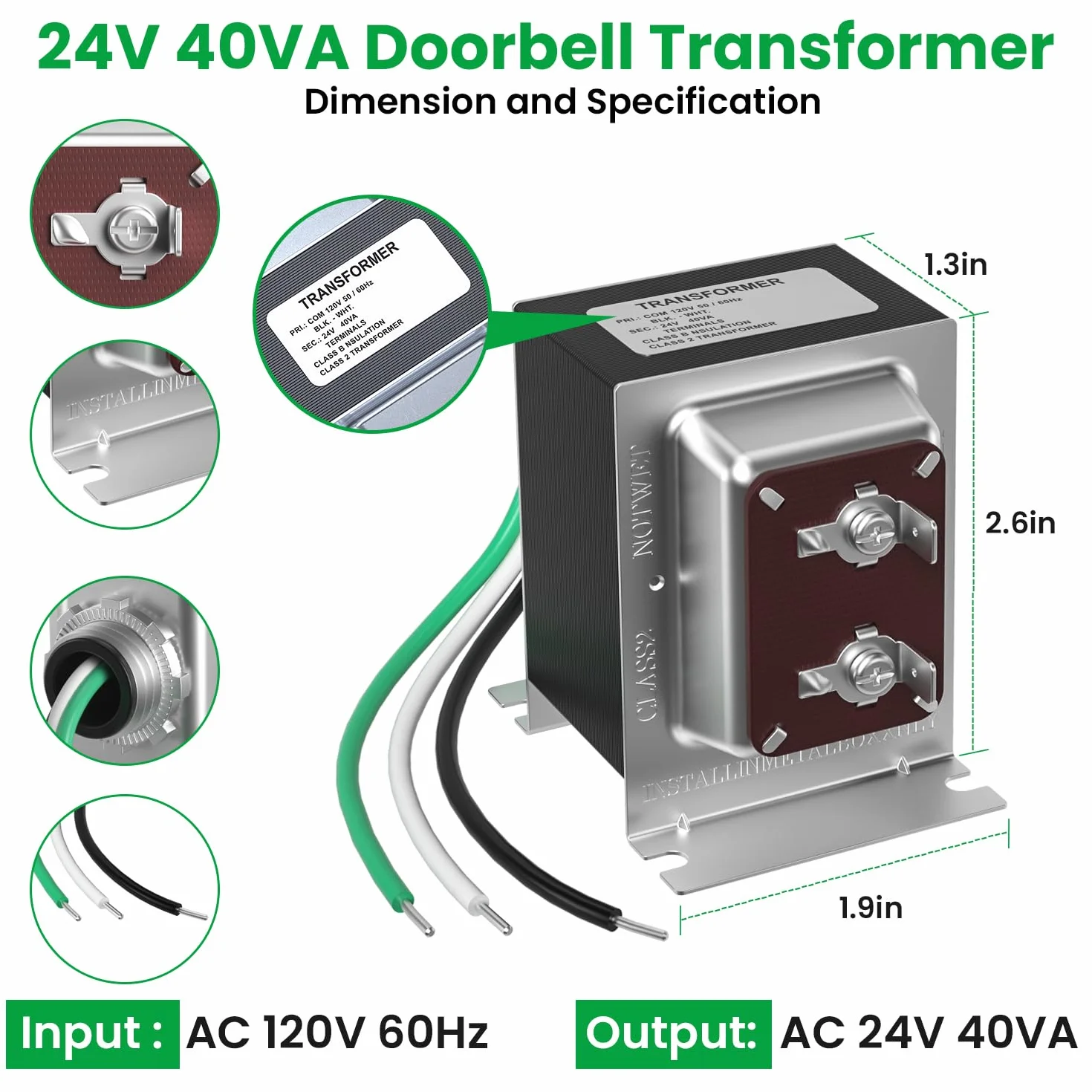 Auspow Transformateur de sonnette 24 V 40 VA pour sonnettes vidéo Ring - Alimentation câblée - Compatible avec les sonnettes vidéo Ring, Nest Hello, Wyze et Eufy