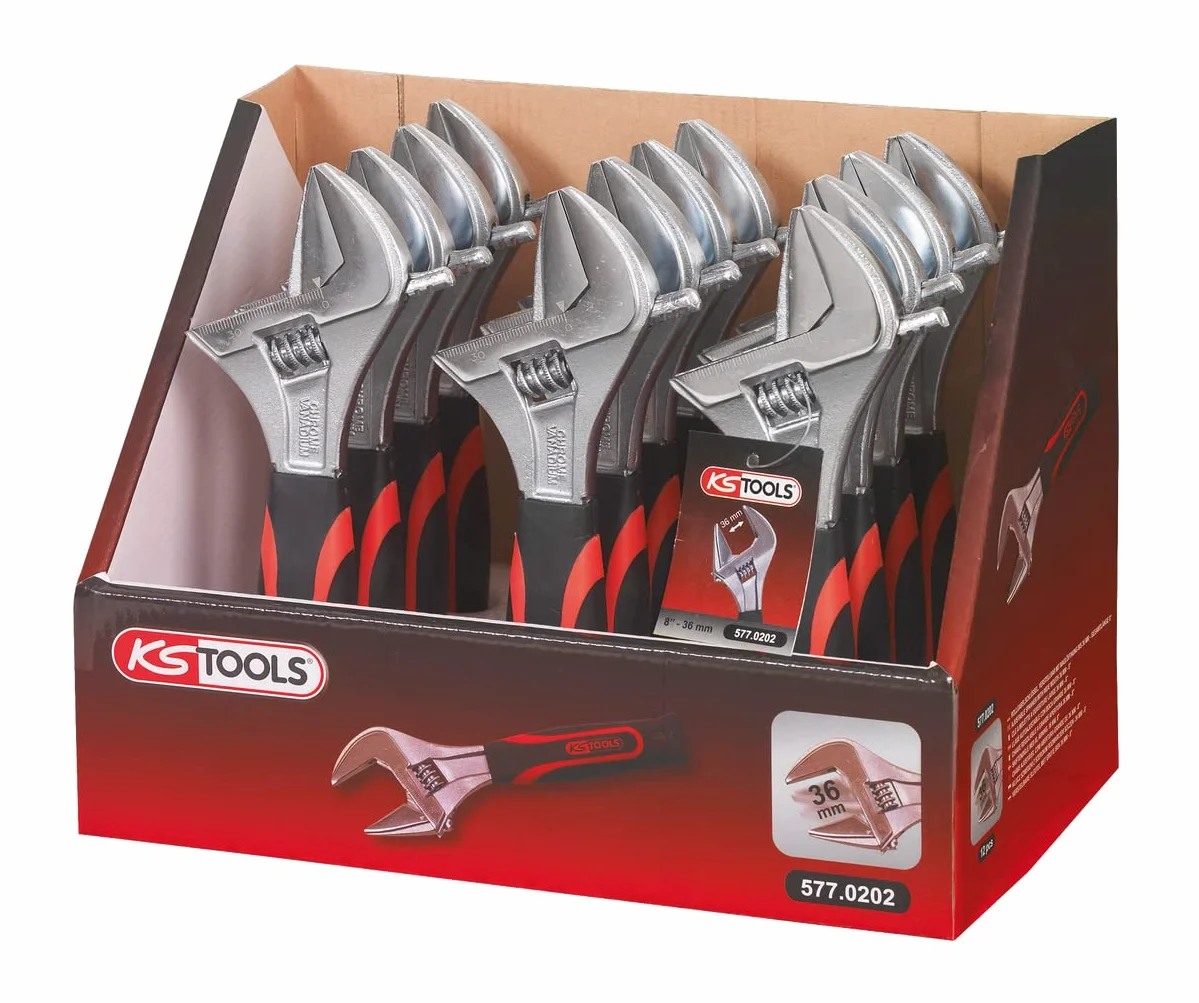KS Tools 577.0202 - Clé à Molette à Ouverture Large avec Manche Bi-Matière, 8'' L.36 mm - Outillage Plomberie - Outil Polyvalent en Chrome Vanadium - Ultra Résistant - Vissage et Dévissage de Boulons
