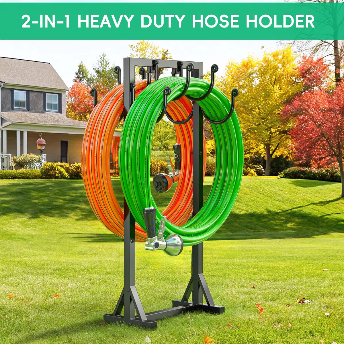 Bomclap Support de tuyau d'arrosage, 116 cm, double face, autoportant, pour jardin, support de tuyau d'arrosage, amovible, en métal, avec crochet, robuste