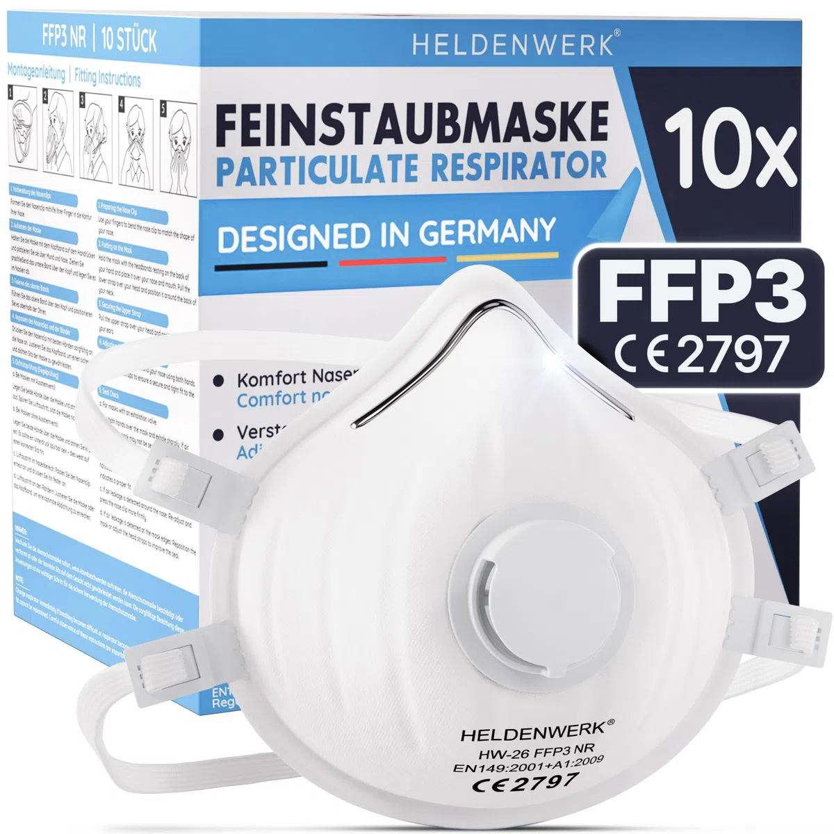 HELDENWERK FFP3 Lot de 10 masques avec valve – Lot de 5, 10 ou 20 – Masque respiratoire/anti-poussière certifié Valve d'expiration – Masques anti-poussière avec sangle arrière réglable