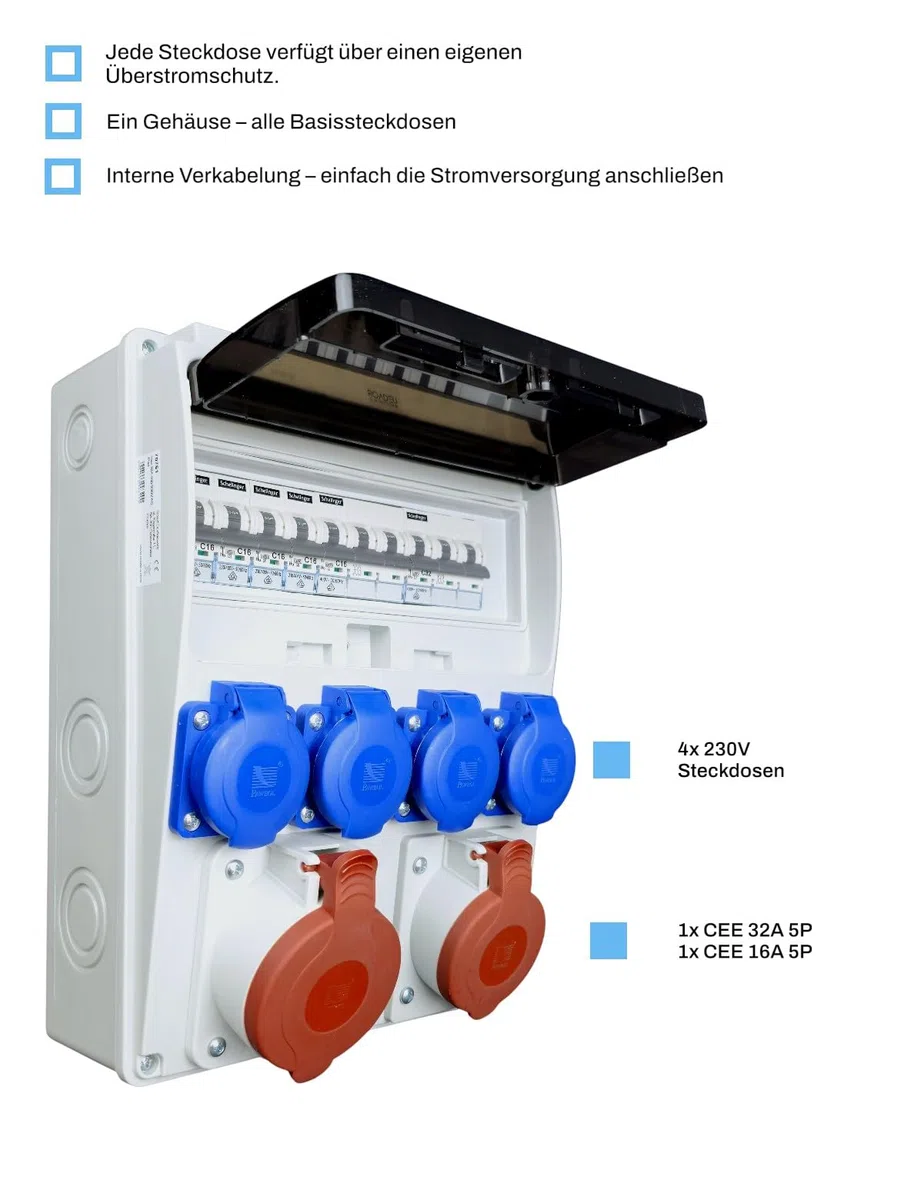 RoadEu - Coffret de chantier Répartiteur électrique 16A 5P, prises 32A 5P, 4x prises 230V, avec disjoncteurs miniatures. IP44