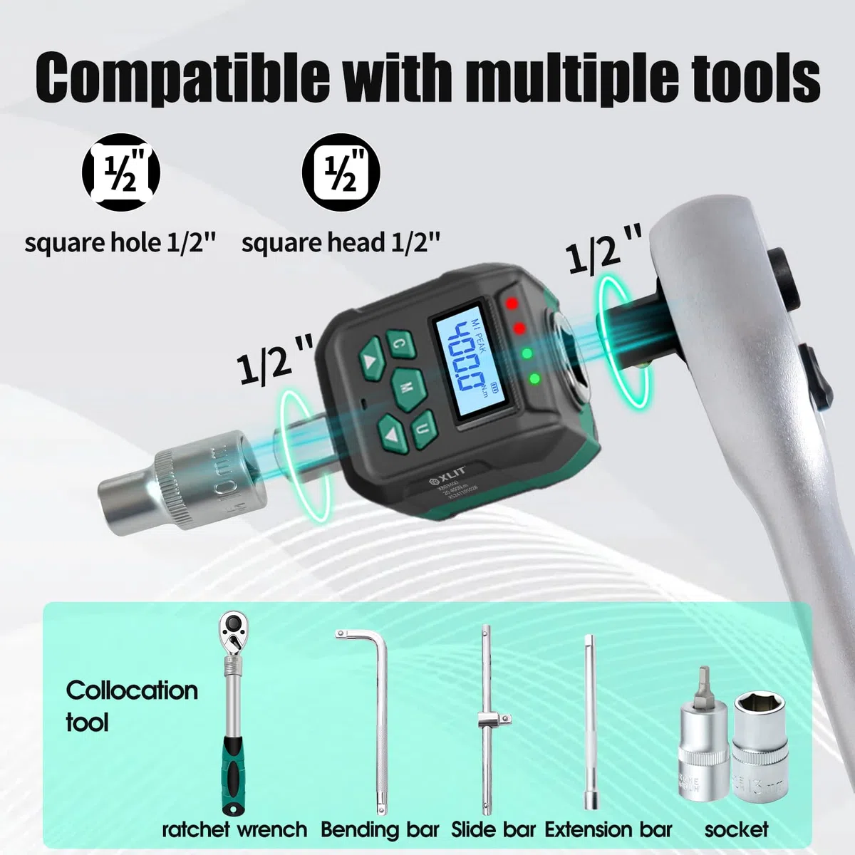 Adaptateur de couple numérique 1/2" ±2 % de précision 20-400 Nm avec signal sonore et affichage LED, kit d'adaptateur de douille 1/4" 3/8", pour la réparation automobile