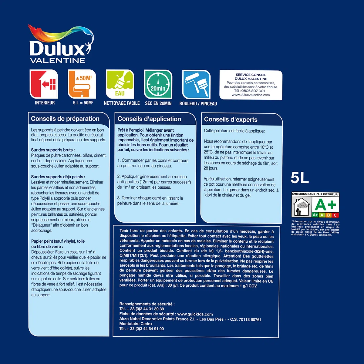 Dulux Valentine Peinture Plafond Facile - Séchage rapide 20 minutes - Mat Blanc 5 L