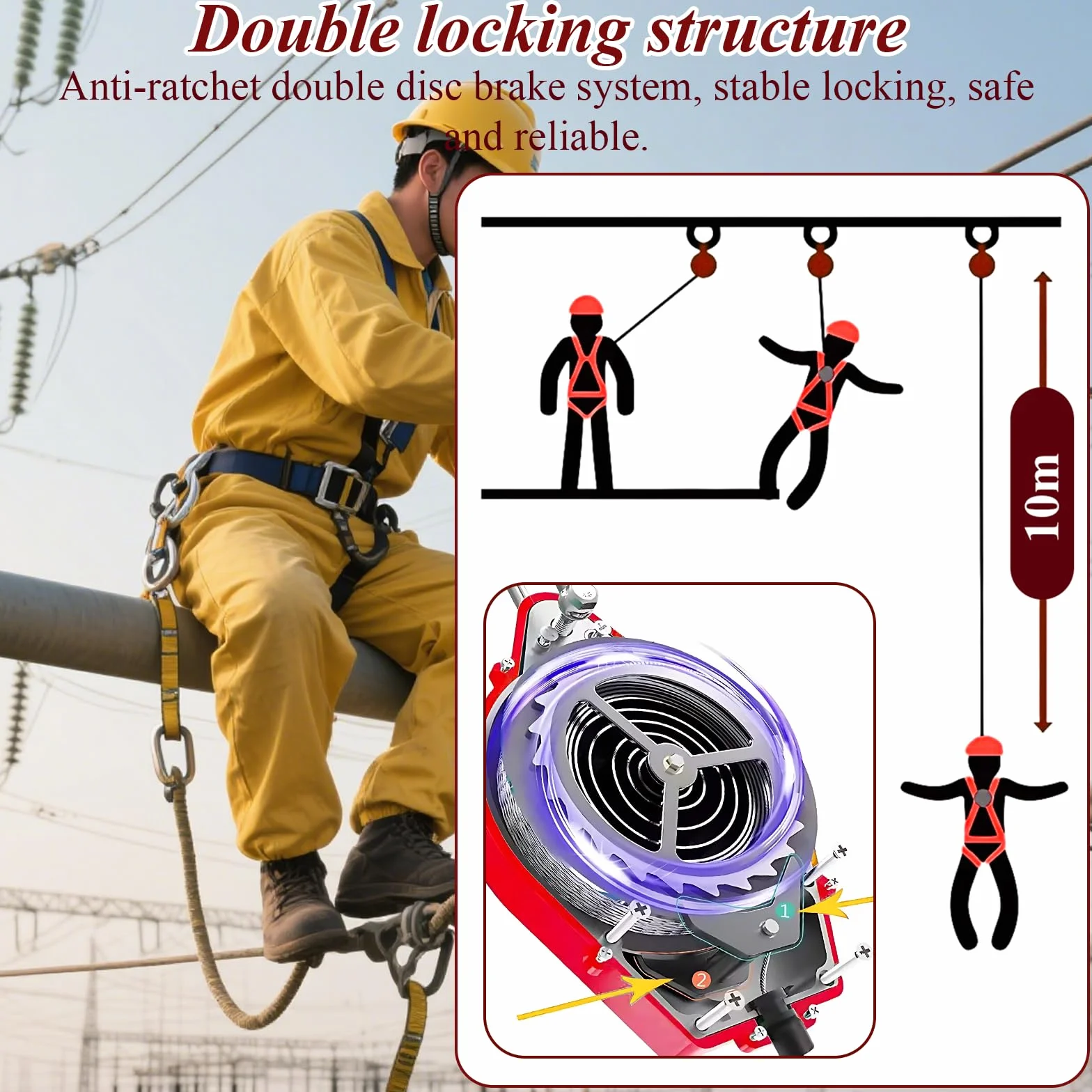 Dispositif Antichute a Rappel Automatique, 200 KG Harnais de Securite Antichute Automatique 10 Mètres, Protection Antichute Rétractable Travaux en Hauteur/Toiture(Rouge - 1 Pièce,10m)
