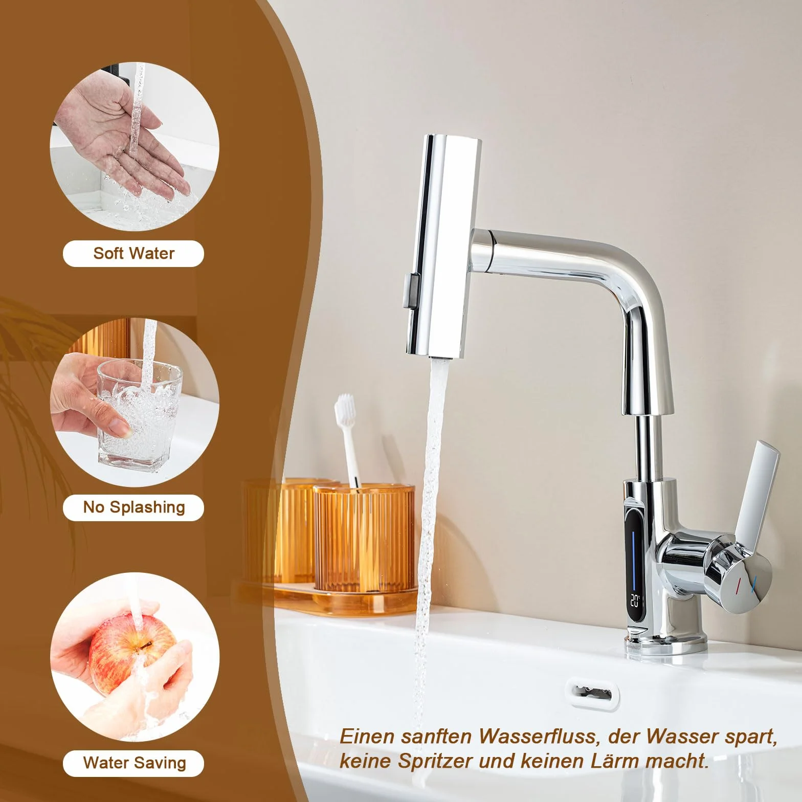 Robinet Lavabo Extensible Robinet Salle Bain Indicateur Températ LED,Chromé | Robinet de Lavabo Douchette Extensible LakeBayMZC, Mitigeur Monocommande avec 3 Types de Jets pour Lavabos de Salle de Bains