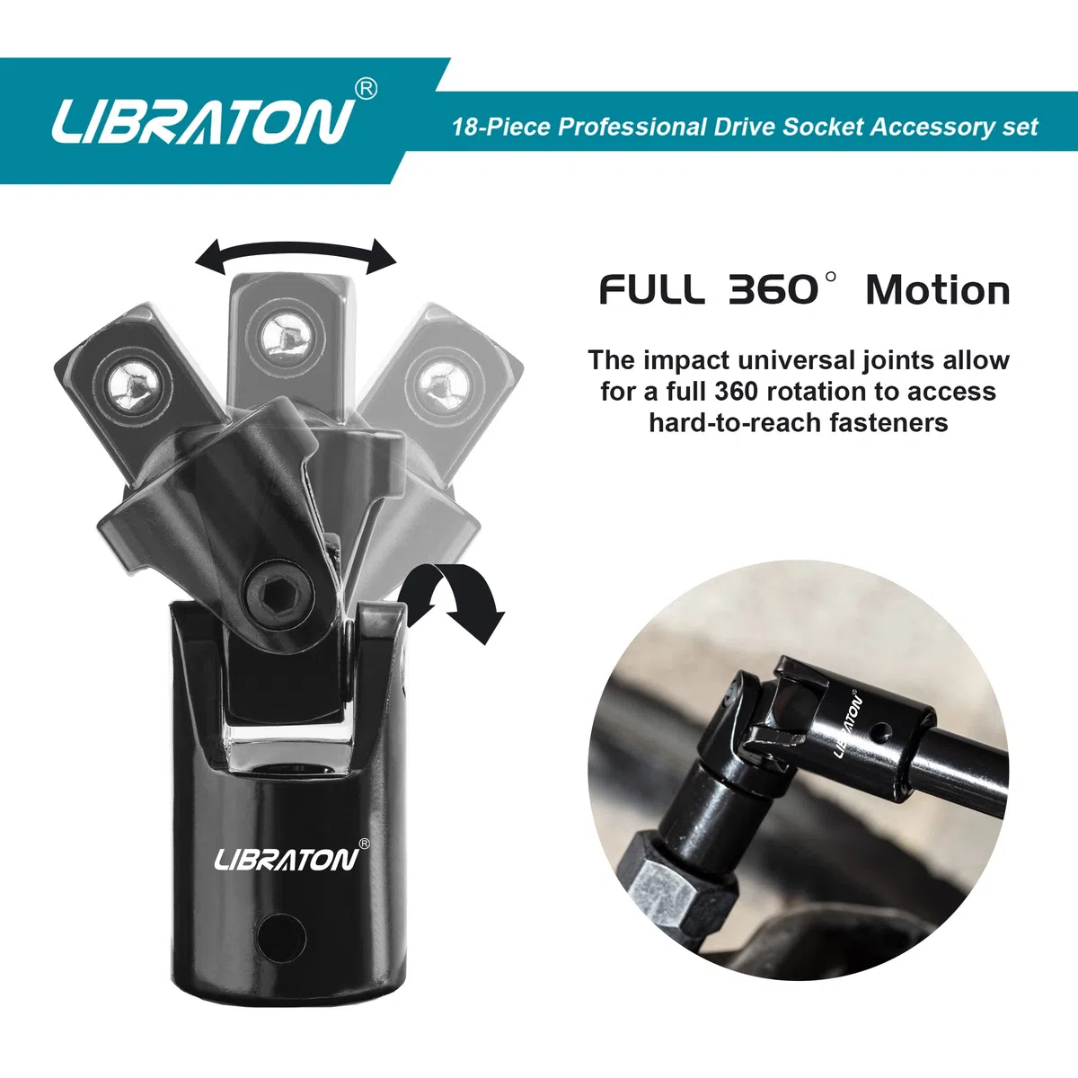 LIBRATON Rallonge pour Cliquet, Set d’Adaptateurs et Douilles, 18PCS Extensions de Clé à Douille, Réducteurs et Cardans, Adaptateur Carré vers Hex 1/4 3/8 1/2