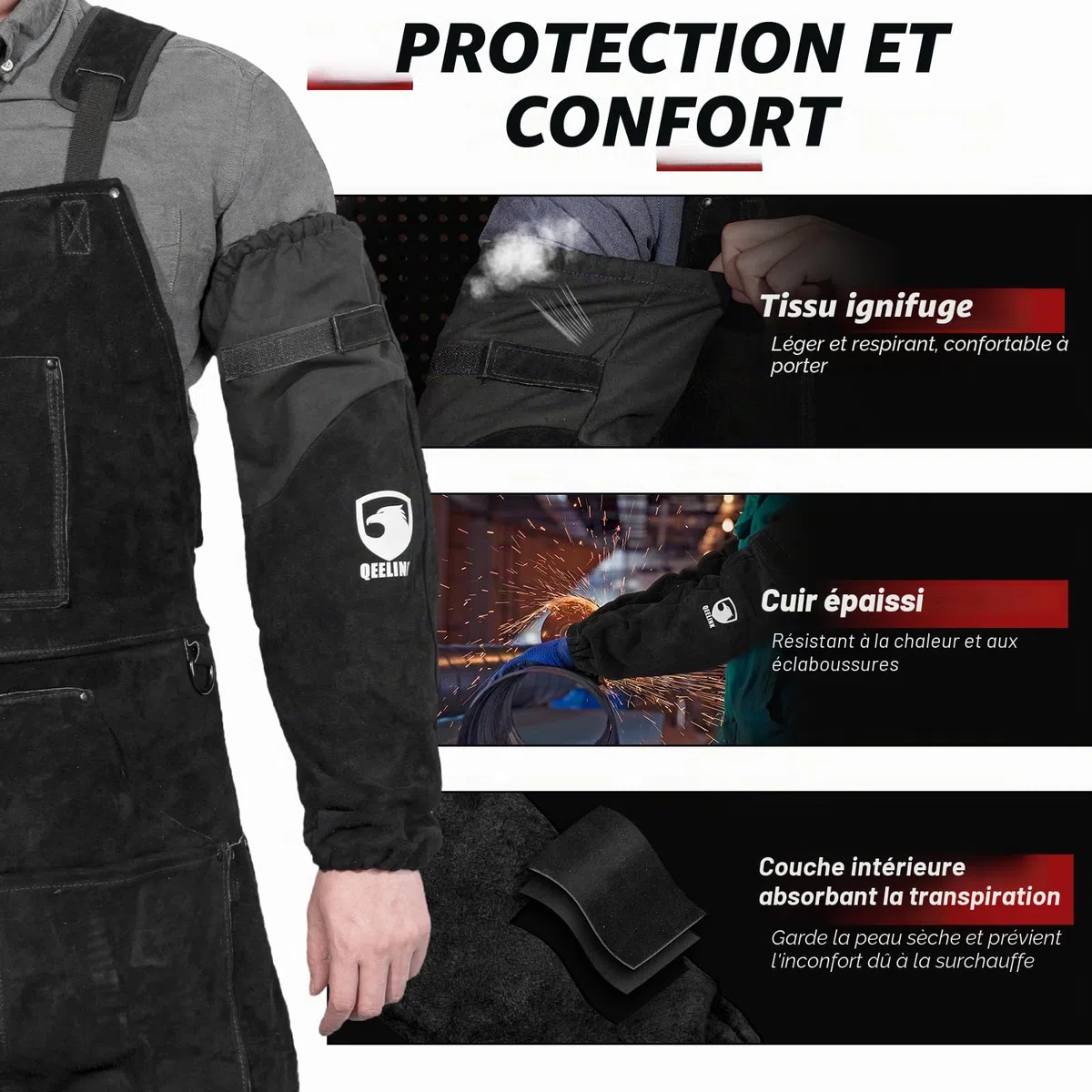 QeeLink Manchette de Soudeur en Cuir pour Homme et Femme – Protection des Bras Résistante à la Chaleur et aux Flammes avec Coutures en Kevlar et Doublure en Coton