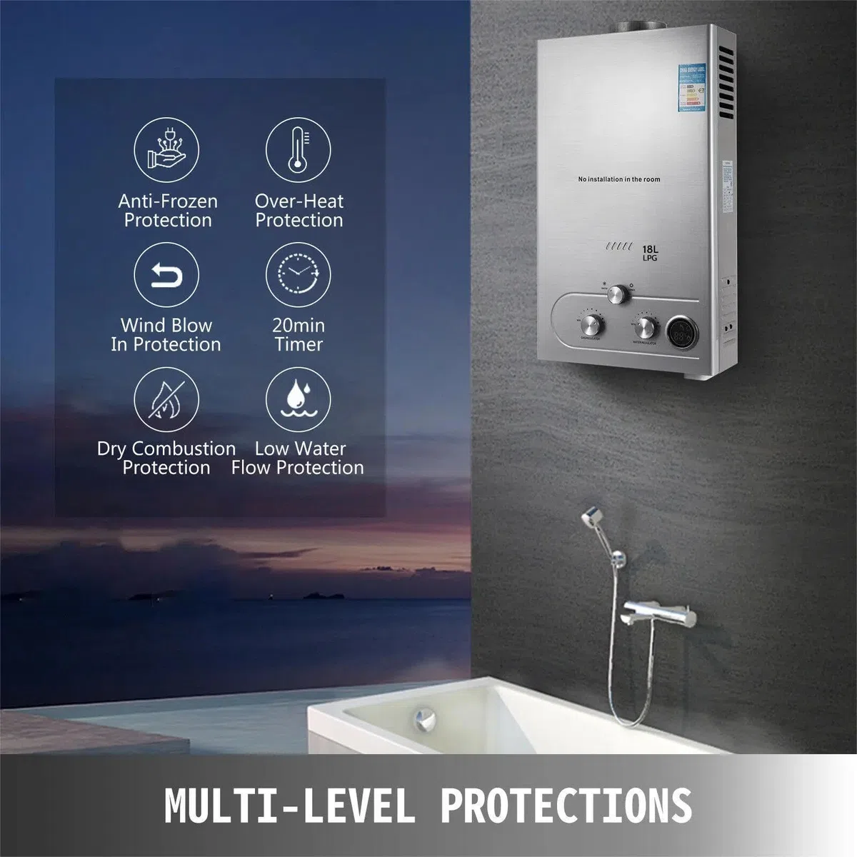 Chauffe-Eau à Gaz 6/8L GPL LPG avec Modes Hiver et Été, Avec pommeau de douche à effet pluie et tuyau de douche,Chauffe-Eau Instantané INOX Certifié CE,Pour camping en plein air et douche en VR (6L)
