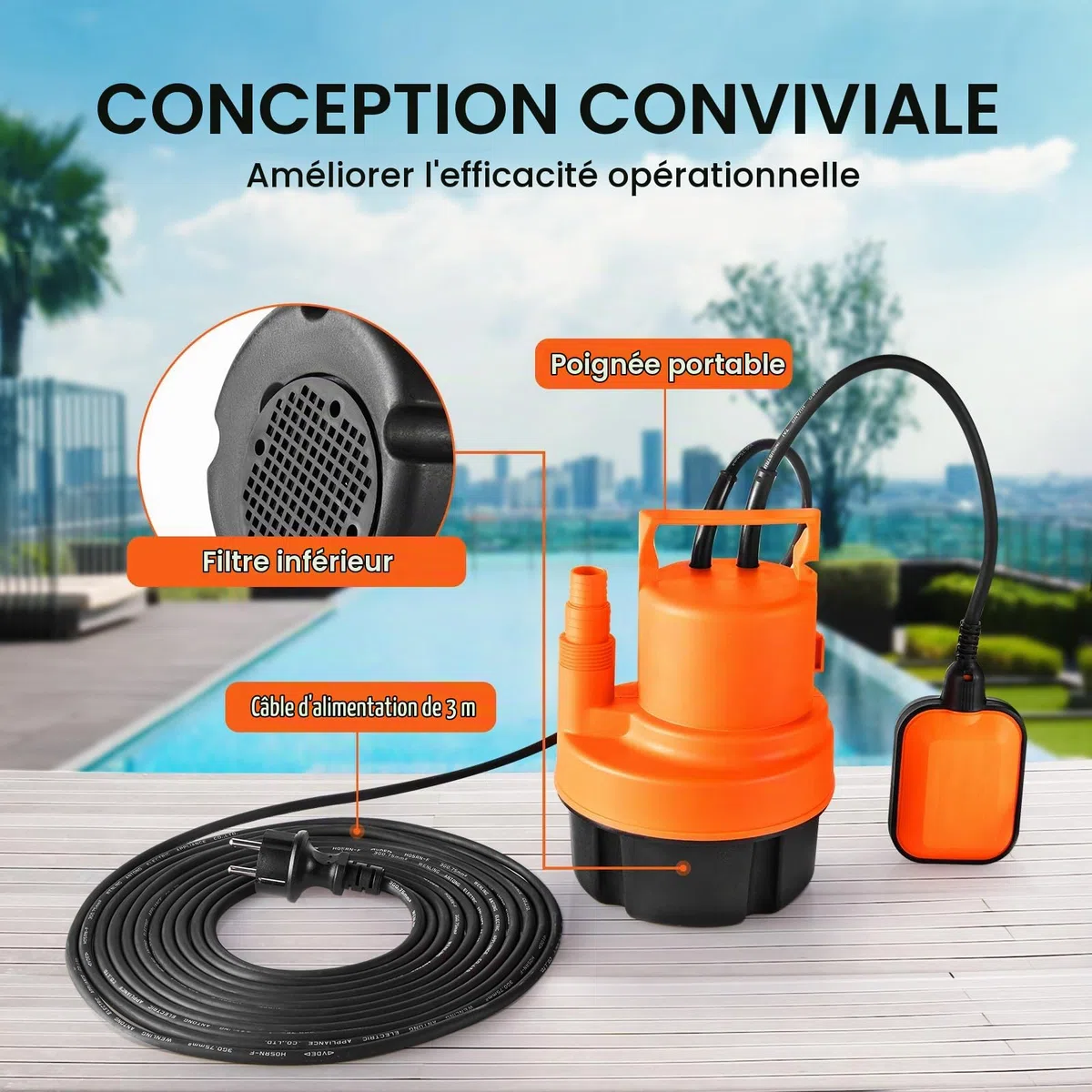 VEVOR Pompe utilitaire, 320 W, pompe à eau submersible portable, 6000 L/H de haut débit, hauteur de levage 7 m, avec cordon d'alimentation 3 m pour drainer l'eau de la piscine, du jardin, du sous-sol