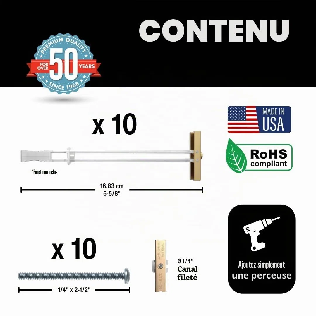 TOGGLER SNAPTOGGLE BB Lot de 10 ancrages à bascule BB avec boulons, canal en acier zingué, fabriqué aux États-Unis, plage de préhension de 0,95 cm à 9,5 cm, pour fixation 1/4"-20 UNC