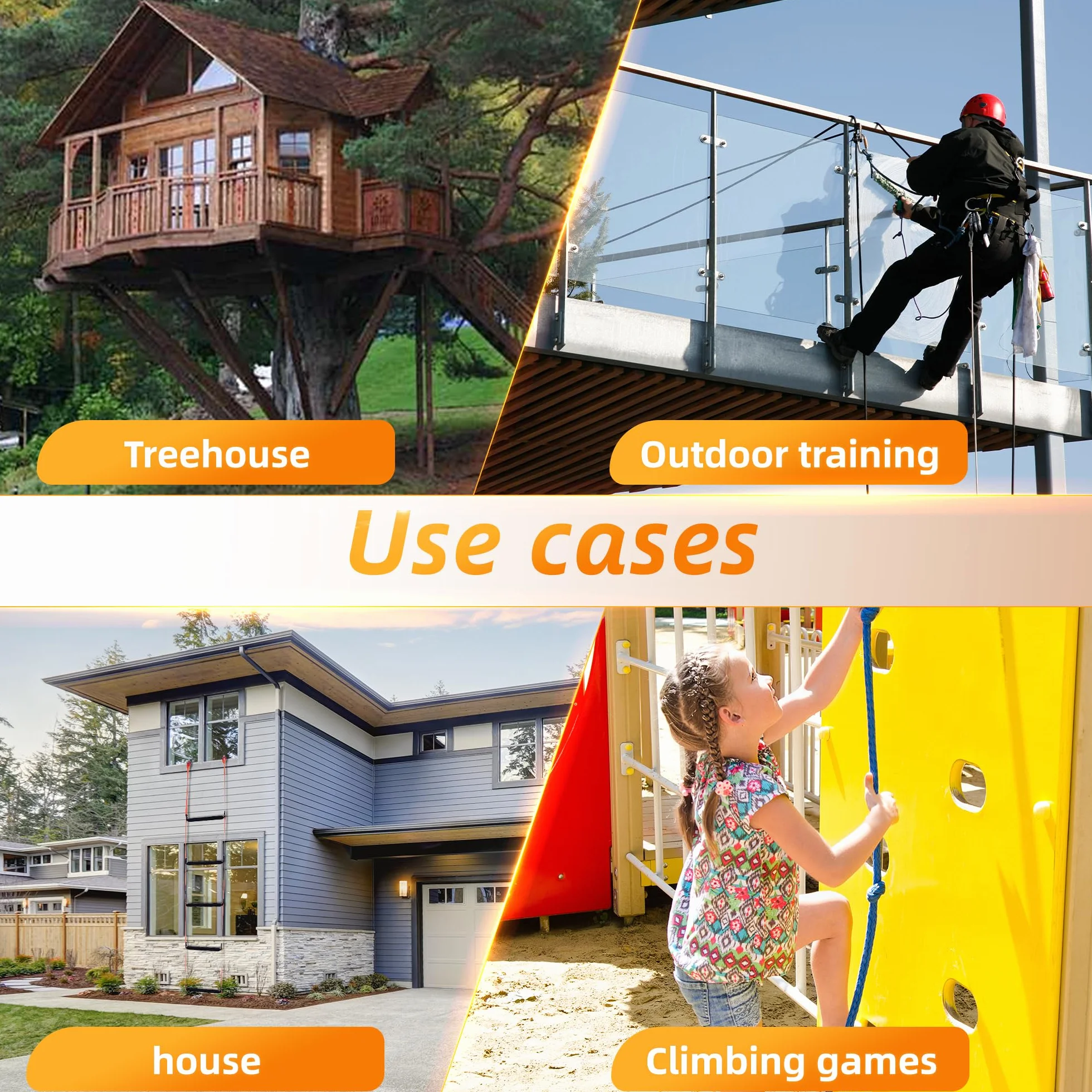 Echelle de Cordes 3M, Échelle de Secours Résistante au Feu avec 4 Mousquetons Échelle Pliante Portable Convient aux Maisons, Fenêtres, Balcons, Balustrades et Cabanes dans Les Arbres