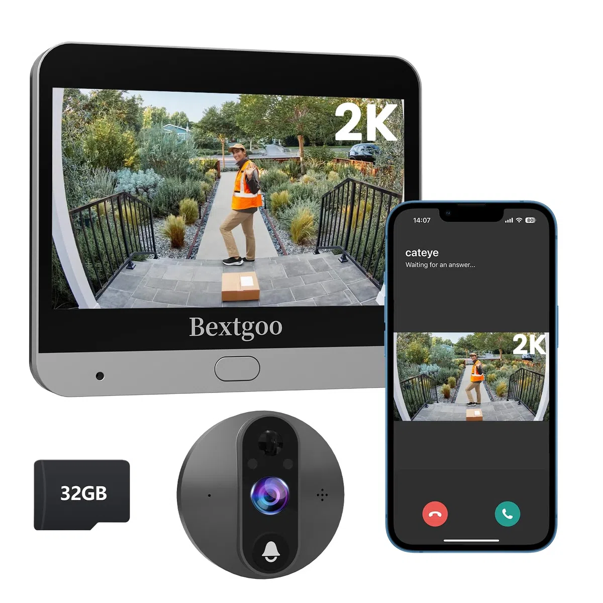 Bextgoo 2K Judas de Porte Camera Surveillance avec Carte 32 Go, Visiophone Connecté Interphone Vidéo, Judas Numerique Écran Batterie 8000mAh, Vision 170°, Detection Humaine AI, Audio Bidirectionnel