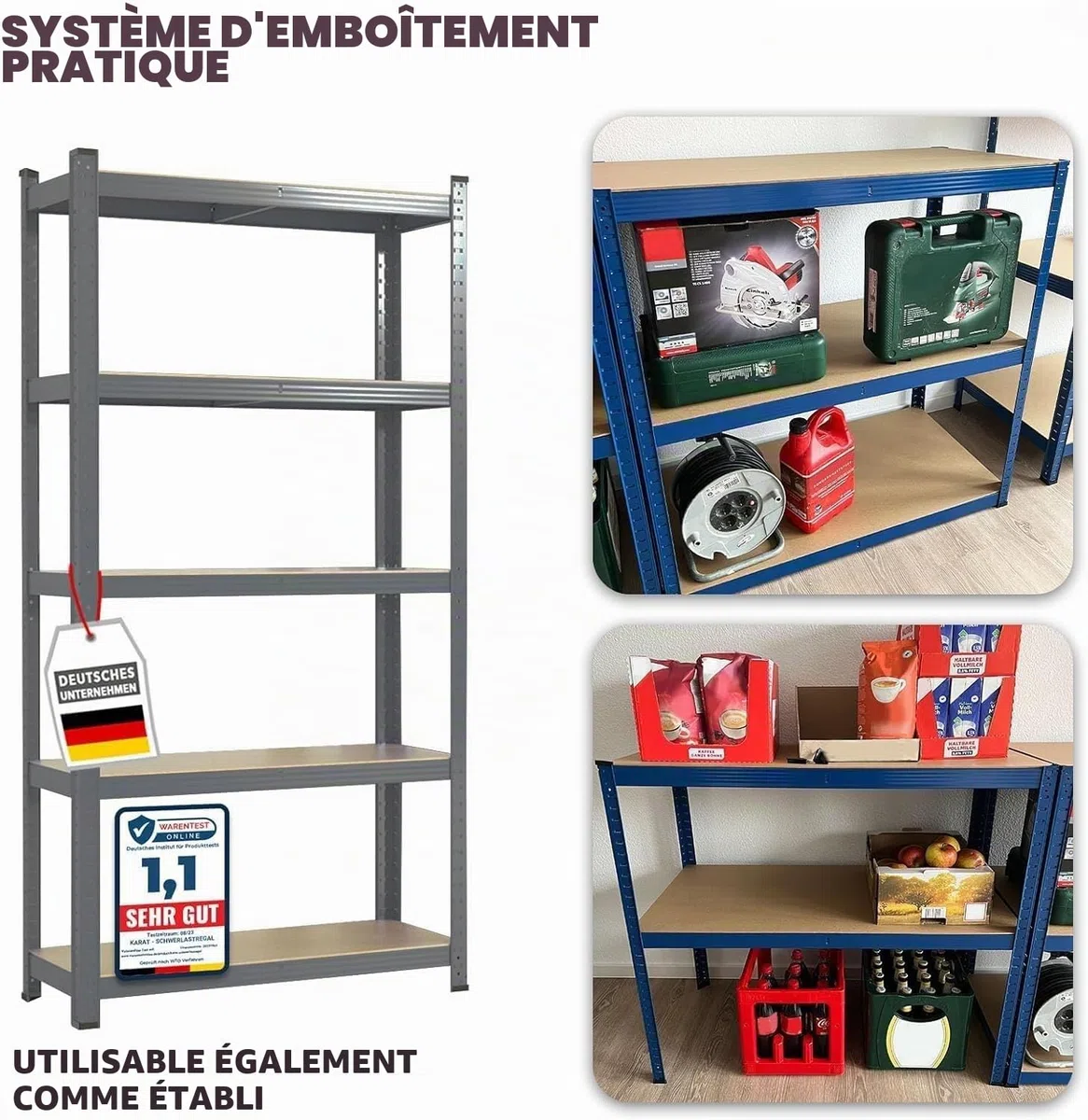 Étagère Étagère pour charges lourdes, garage, cave, atelier, rangement, haute capacité et ajustables (gris anthracite, 180 x 90 x 60 cm)