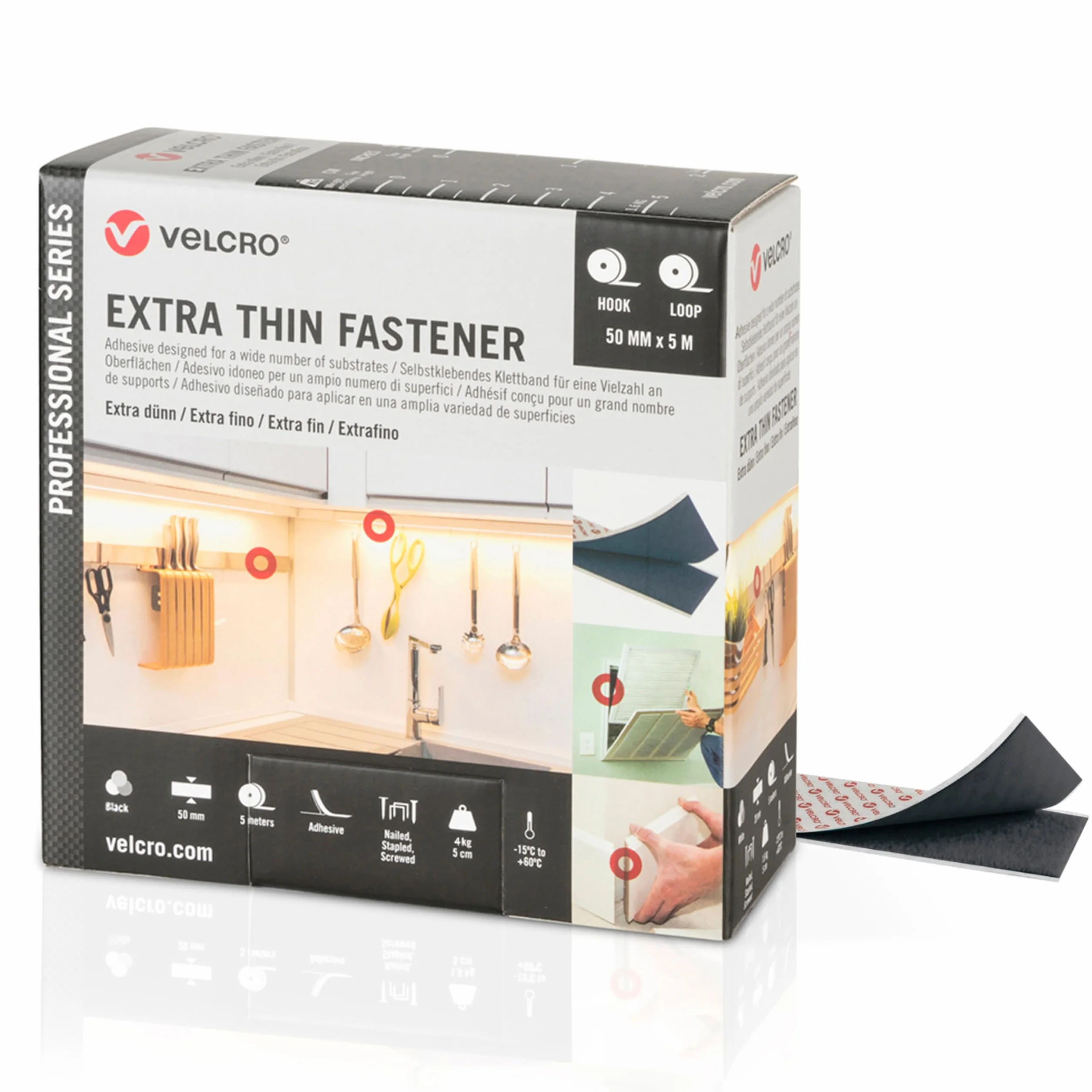 VELCRO Brand Ruban auto-agrippant extra-fin et discret, Noir 50mm x 5m | Ruban VELCRO adhésif extra-fin, haute résistance et découpable, pour des fixations affleurantes
