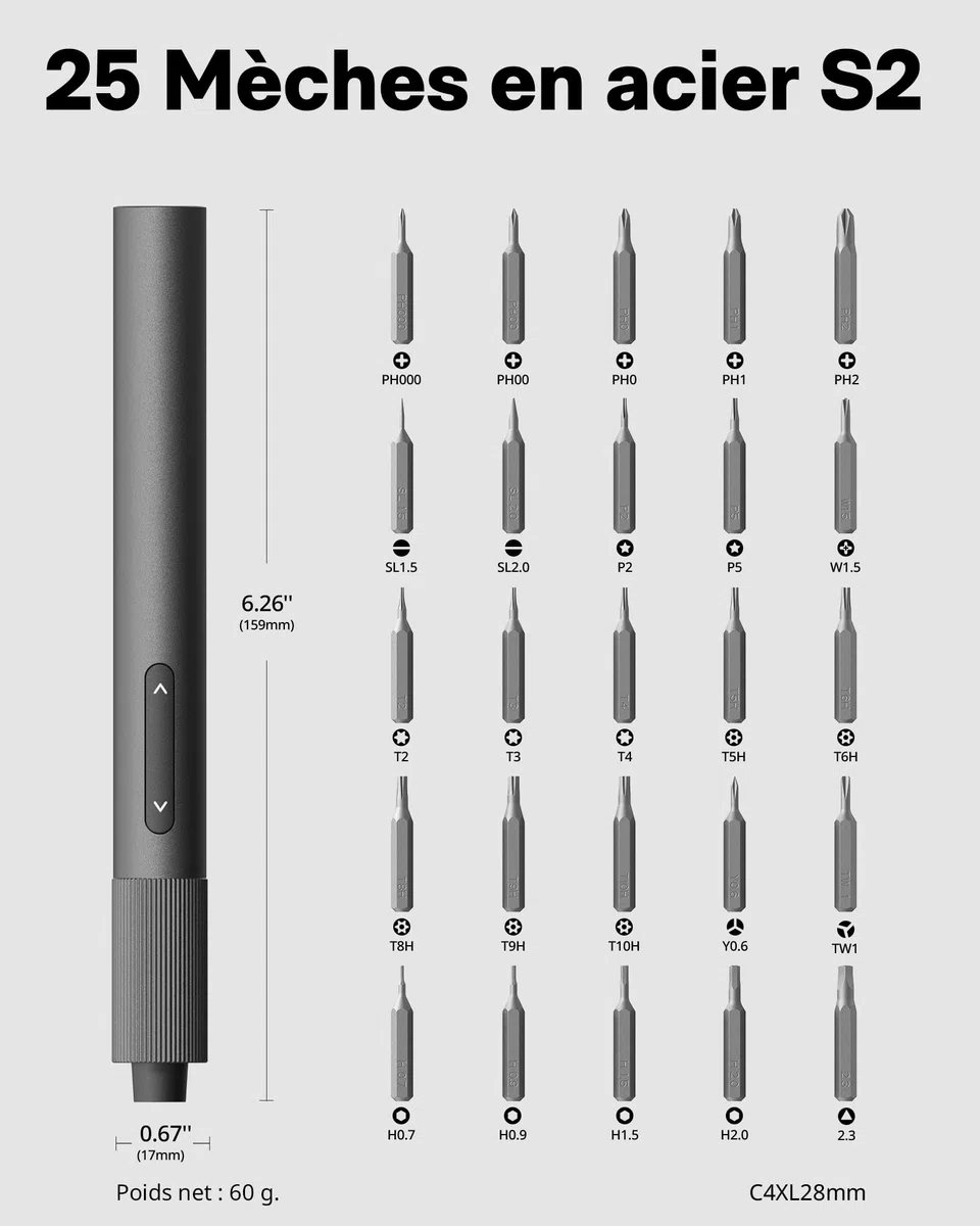 HOTO Tournevis Électrique Mini 25 en 1, Kit Tournevis de Précision 3.7V, Rechargeable USB-C, Outil Magnétique Compact pour Téléphone, Ordinateur, Appareil Photo, Bricolage et Réparation Électronique