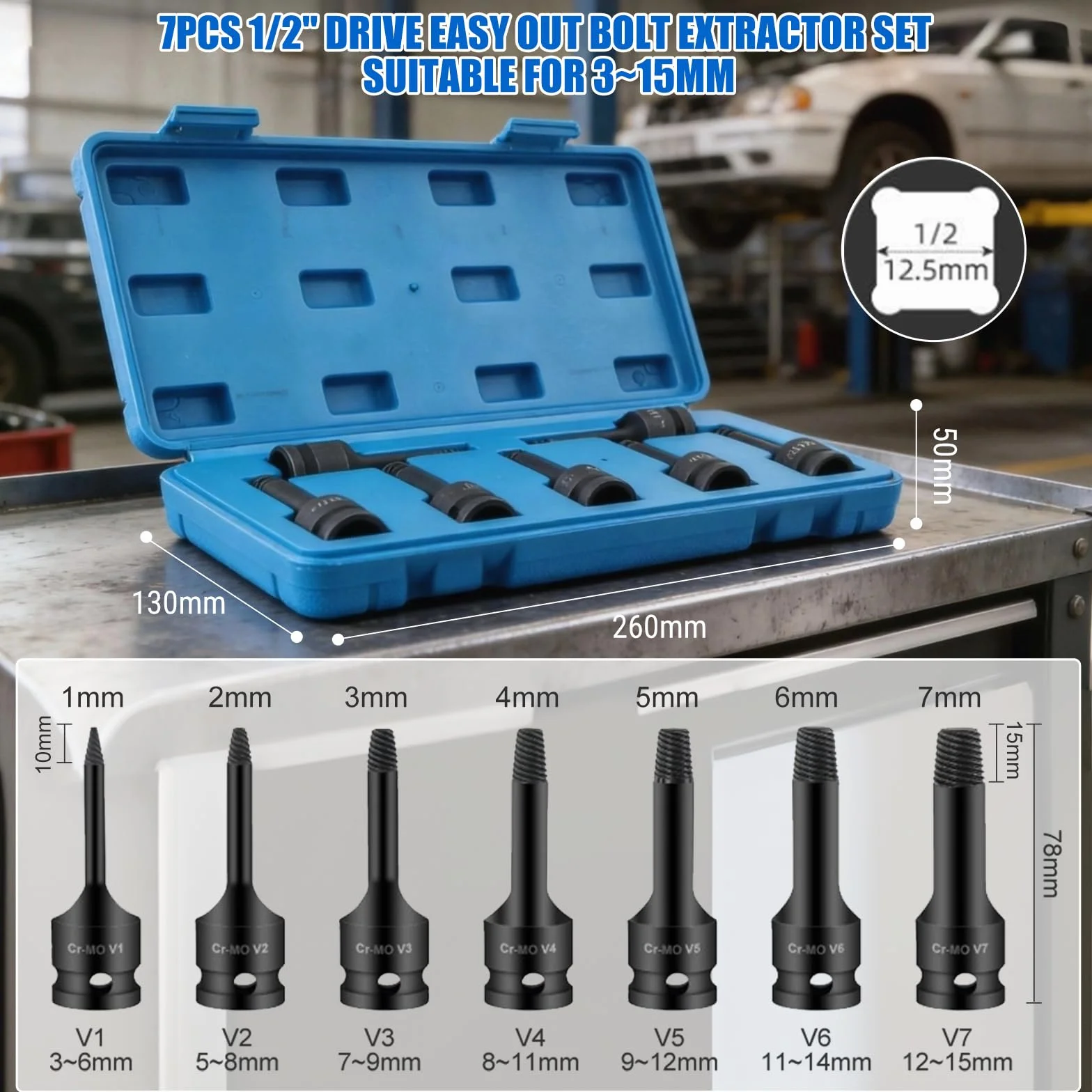 Kit Extracteur De Vis Cassée, 7 Pièces Tourne A Gauche Extracteur De Vis Dénudé, 3-15mm 1/2 Pouce Acier CR-MO Extracteurs De Boulon Pour Enlever Les Boulons CasséS, Vis Endommagées, Goujon Rouillés