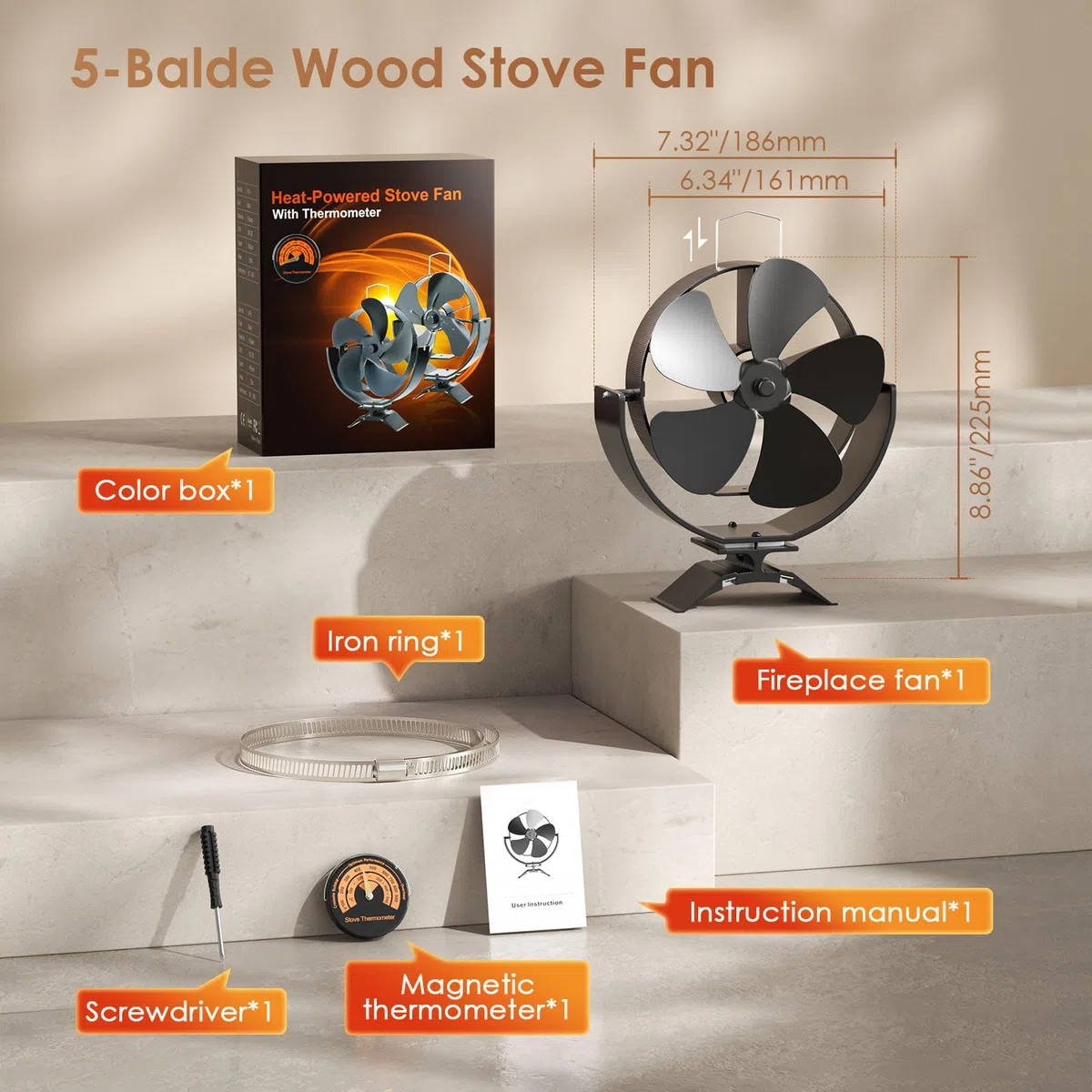 3 en 1 ventilateur de poêle à bois 5 pales support de ventilateur de brûleur à bûches 180° Rotation magnétique ventilateurs de cheminée à bois ventilateurs de cheminée alimentés par la chaleur