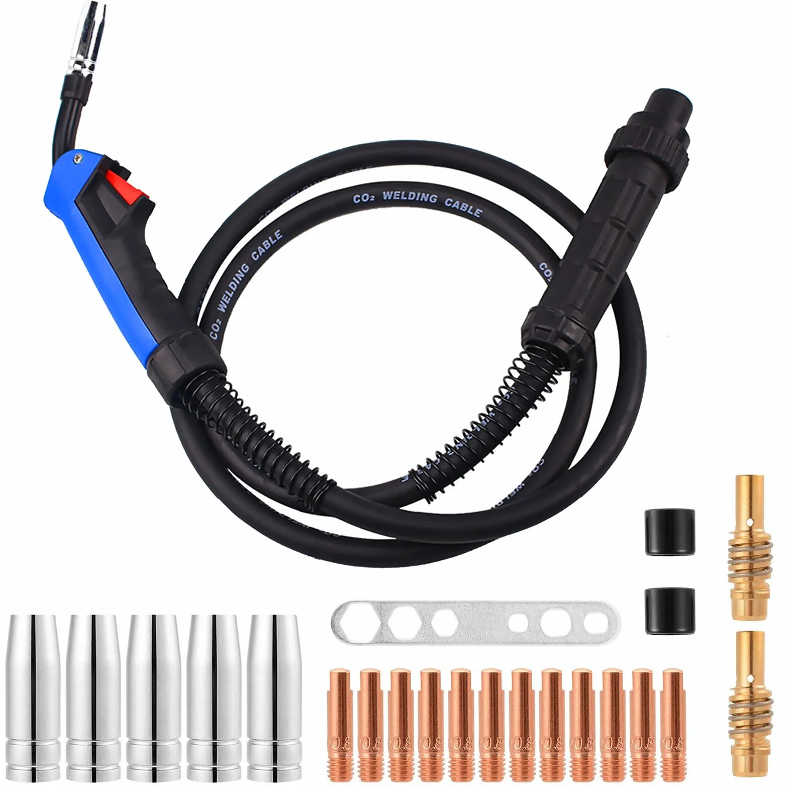 Torche à Souder Fil MIG MAG 15 AK de 4 Mètres avec 21Pcs Accessoires de Buse/Bouchon de Cône de Soudage pour Machine à Souder Semi-automatique avec Gaz Réfrigéré Par Air