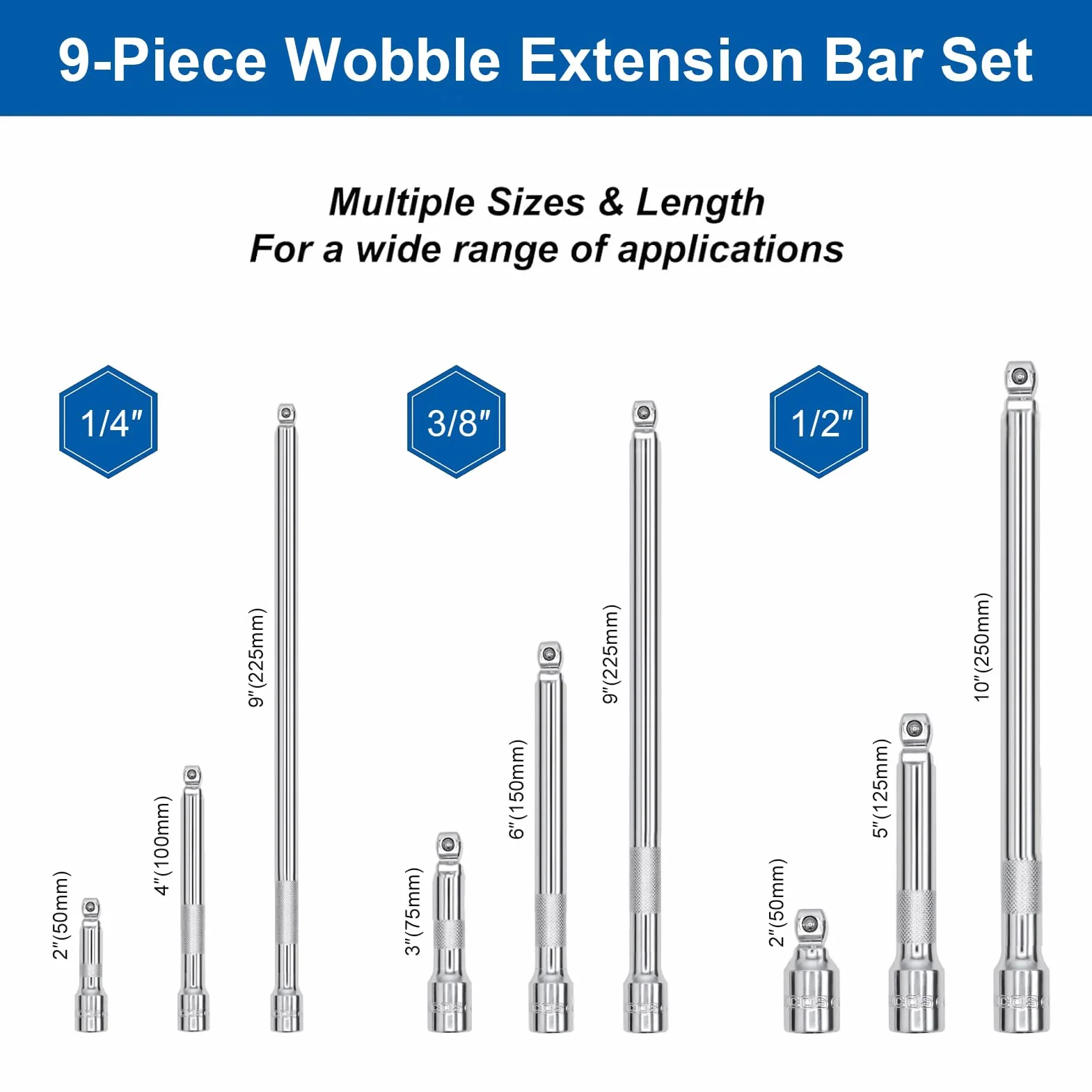 DAKCOS Jeu de 9 Rallonge Cliquet 1/4",3/8",1/2" à bascule en CR-V avec moletage longueur différente