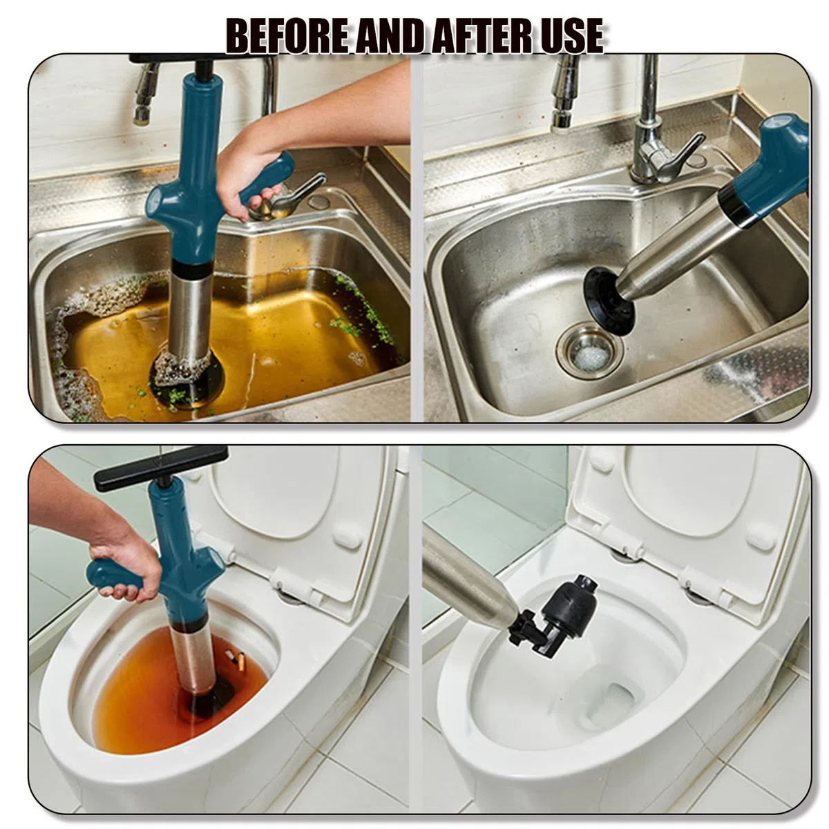 Déboucheur Canalisation Haute Pression, Déboucheur Wc Air Comprimé avec 4 Différentes Ventouses, Piston de Toilette pour Déboucher les Toilettes, Baignoire, Drain de sol, Lavabo (bleu)