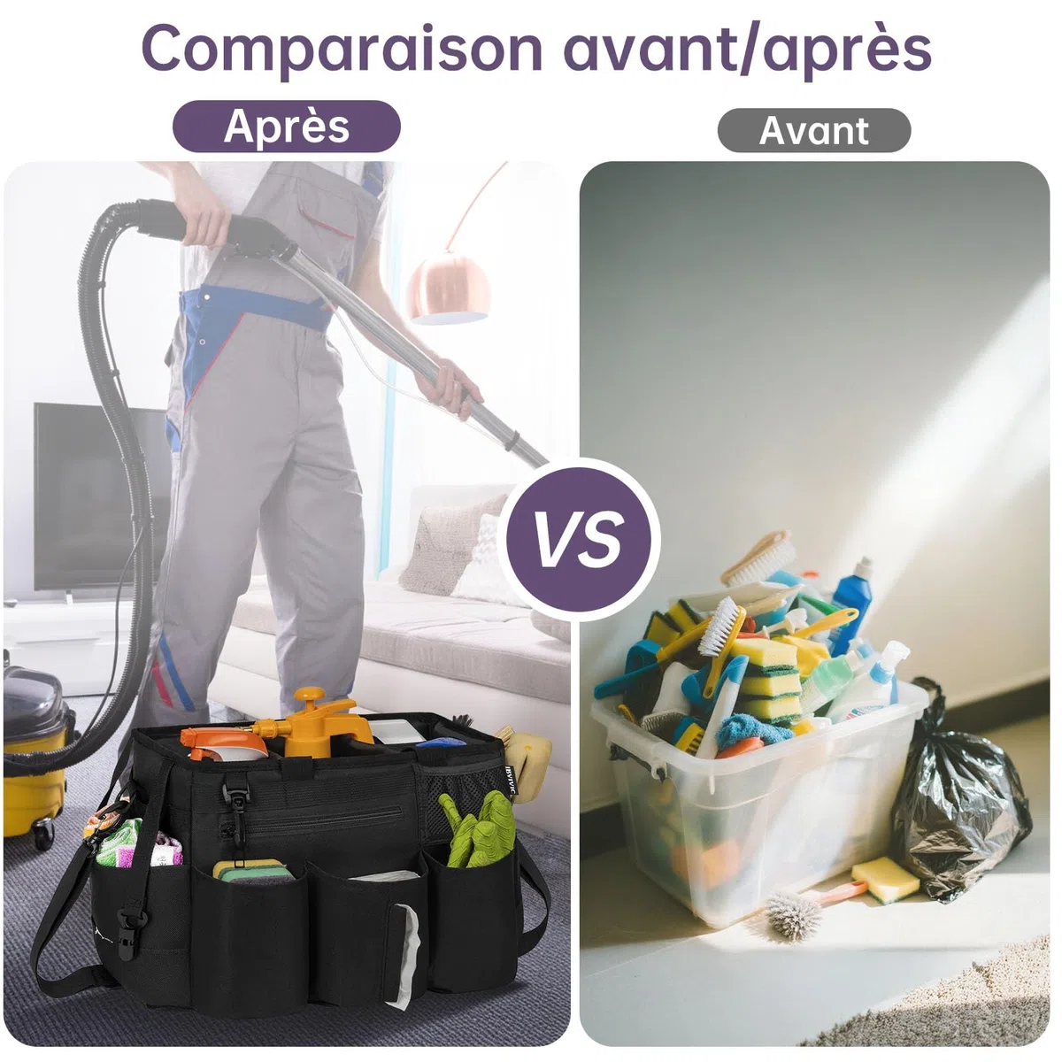 OUUTMEE Sac de Nettoyage avec Séparateurs Amovibles, Organisateur de Nettoyage Portable avec Poignées et Bandoulière Réglable, Sac Fourre-tout de Nettoyage pour Maison, Femmes de Ménage, Noir (Grande) | Organiseur portable pour produits de nettoyage, band