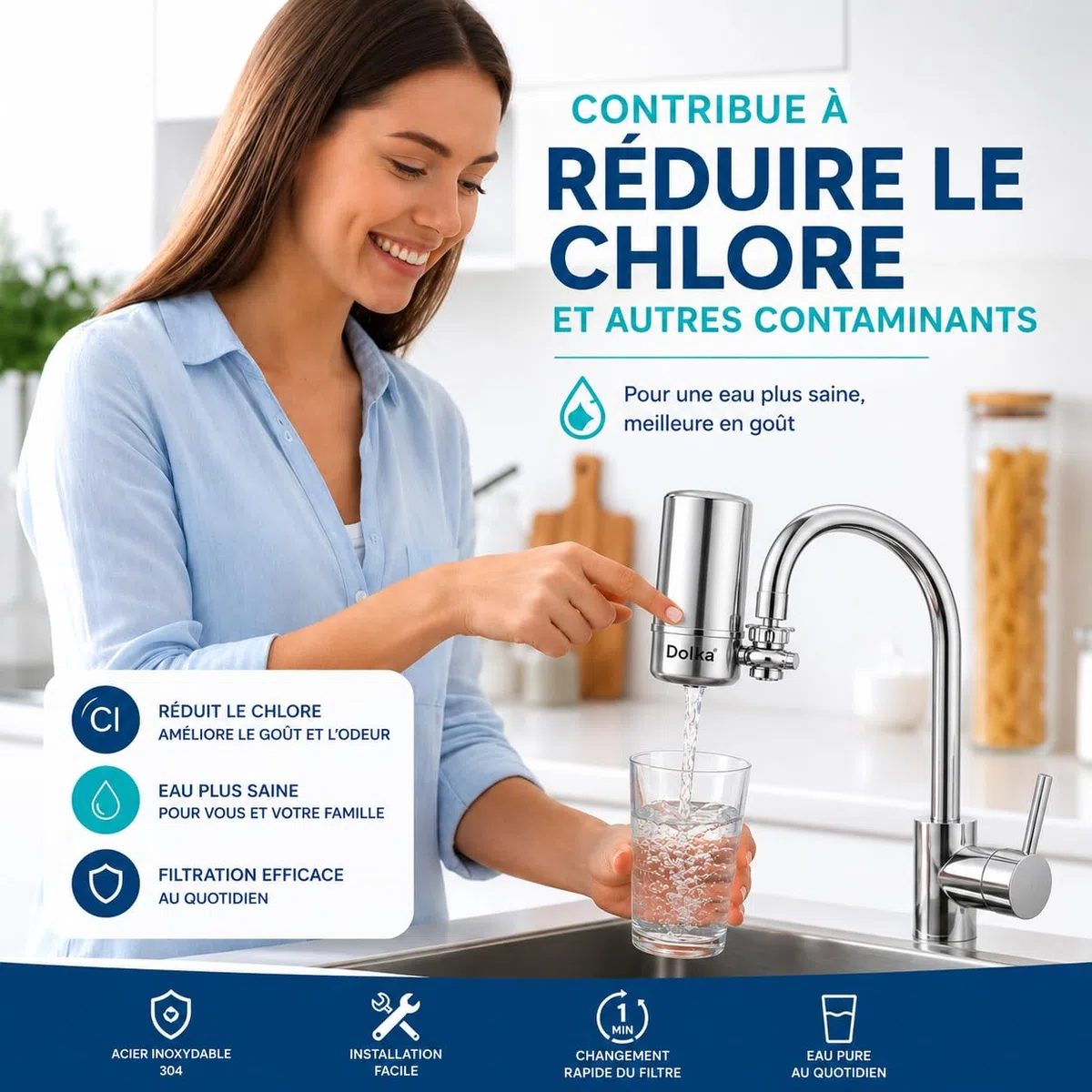 Filtre Eau Robinet Cuisine Dolka – Purificateur Eau Robinet en 100% inox – Eau Filtrée Instantanée – Filtre Eau Maison avec Charbon Actif – Installation Facile Sans Outils