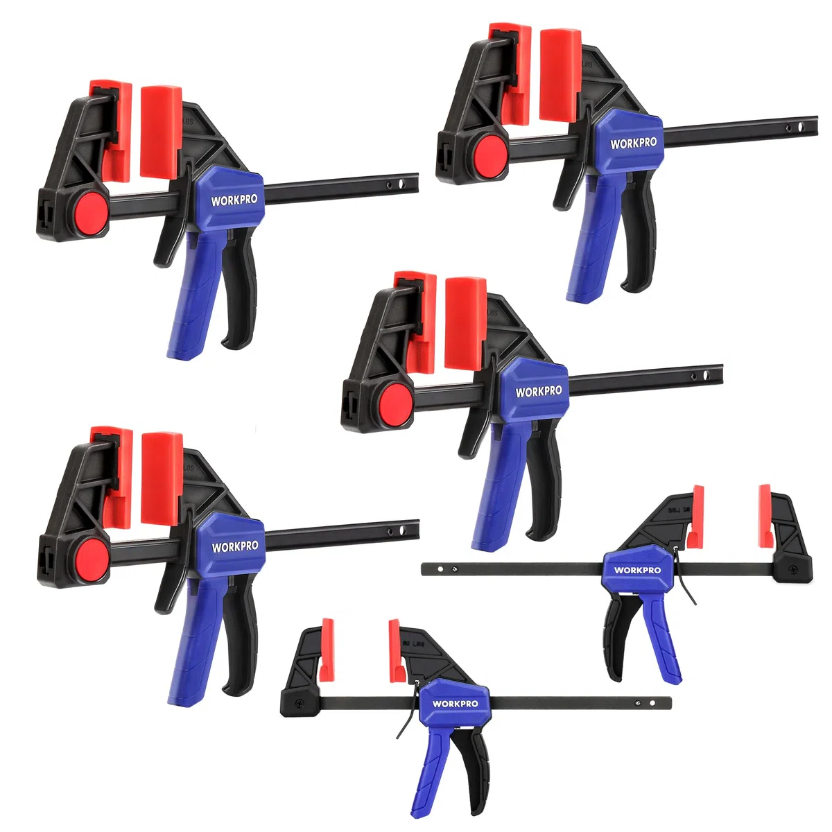 WORKPRO Lot de 6 serre-joints à une main 150 mm Force de serrage 22,5 kg/68 kg Envergure 150 mm 4 classiques et 2 mini serre-joints pour une fixation précise et le travail du bois