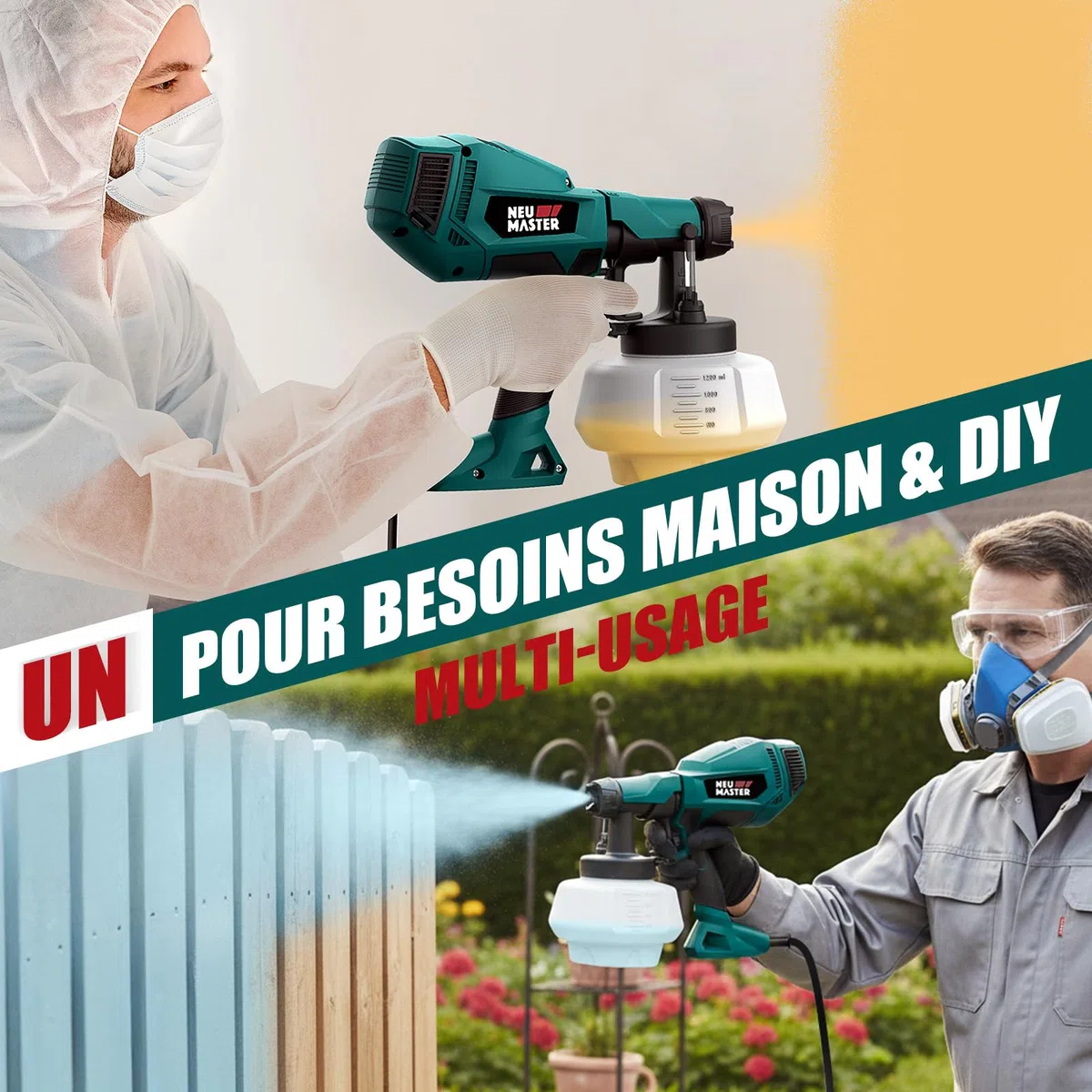 Pistolet a Peinture - NEU MASTER Pistolet à Peinture Électrique avec 4 Buses, 3 Modèles & 1200ml Réservoir pour Meubles, Murs, Portes, Clôtures, Bricolage