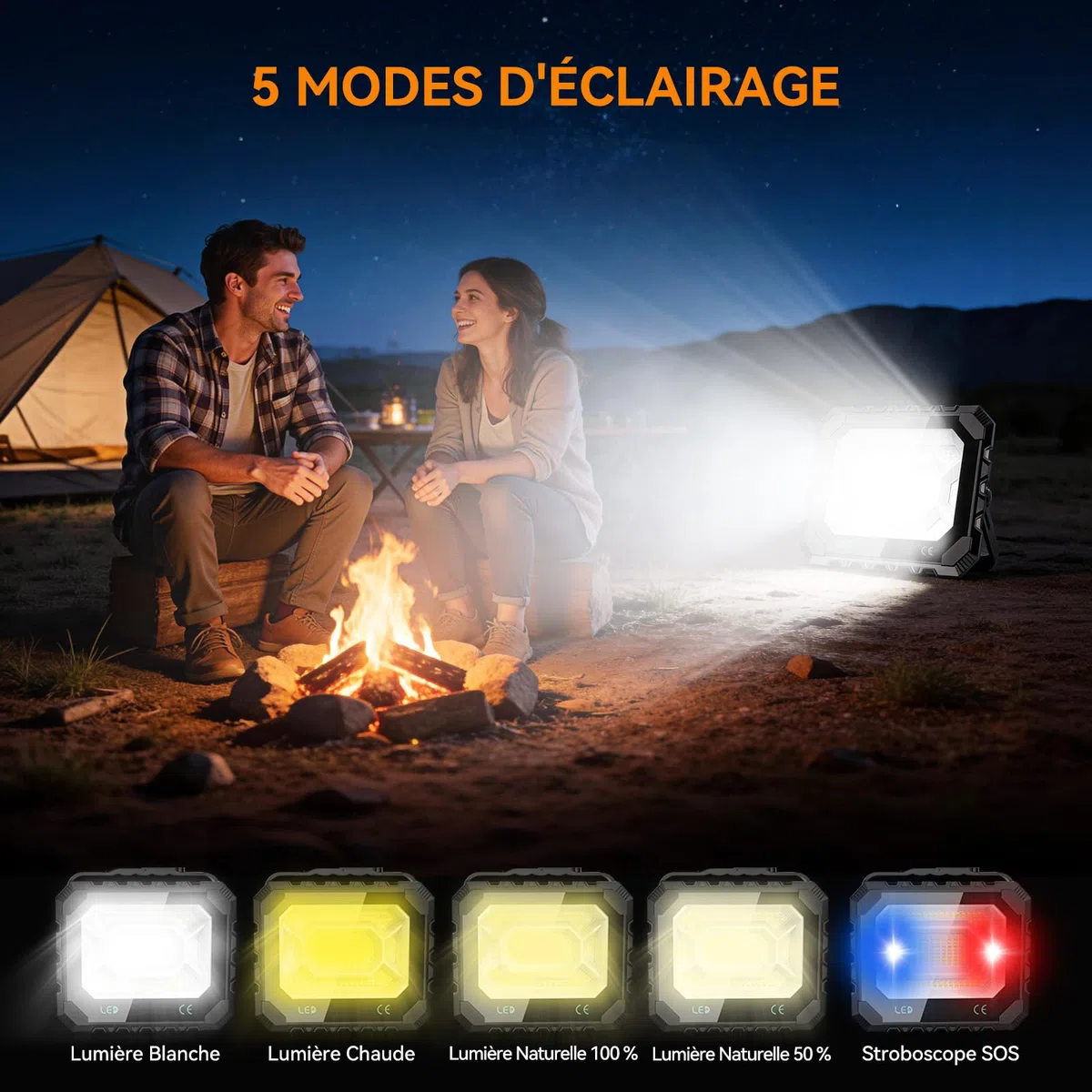 Adewalk Projecteur Chantier LED 150 W, 16000 lm Lampe de Travail Solaire & Batterie Rechargeable 16000 mAh, 5 Modes d'éclairage, Lampe de Camping Portable pour Travail, Pêche, Garage, Atelier