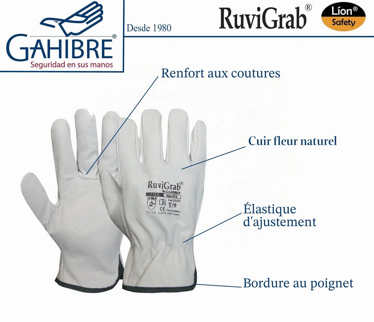 Ruvigrab - Pack de 12 gants de travail en cuir de fleur naturelle