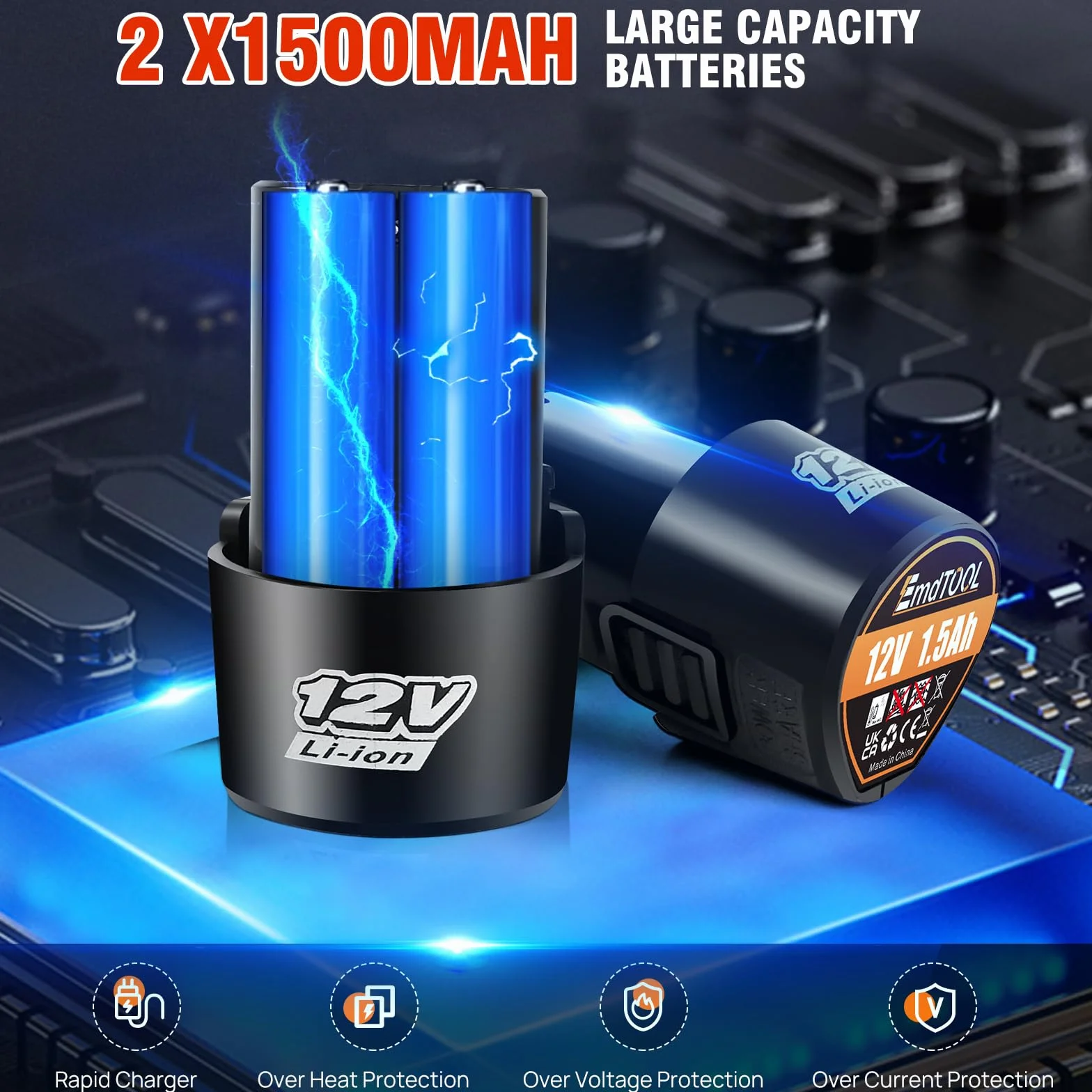 DayPlus Clé à cliquet sans fil 12V avec batterie, 2 batteries Li-ion de 1,5Ah et chargeur rapide, 2300 tr/min, 40 Nm, clé à cliquet électrique avec 7 douilles, orange