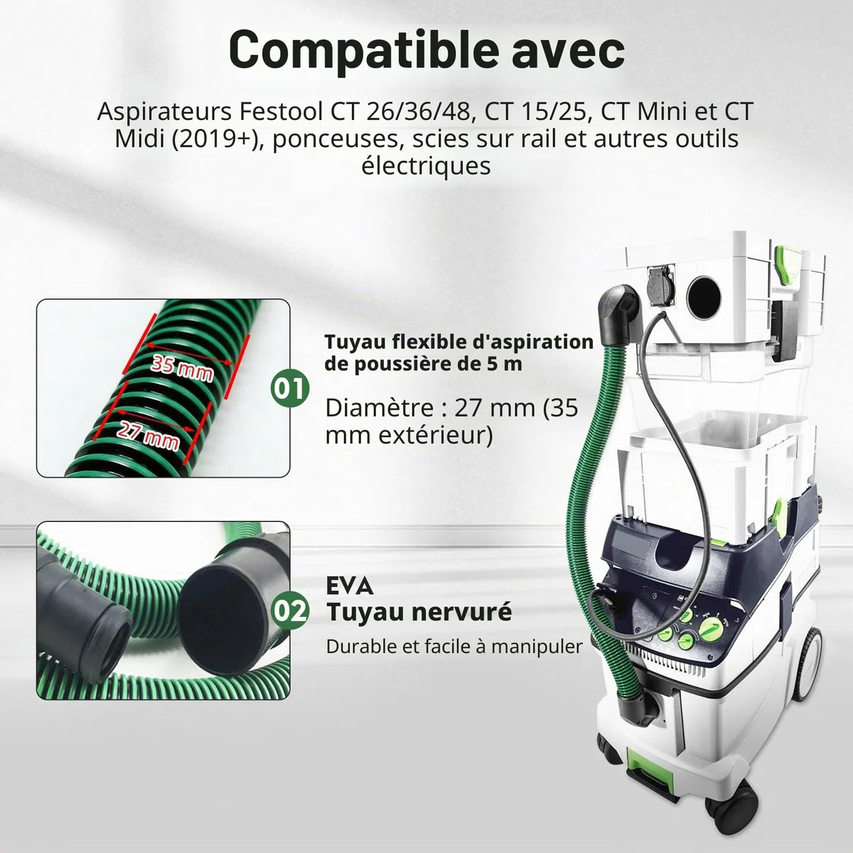 5 m Tuyau d’Aspiration de Poussière Compatible avec Festool CT 26/36/48, CT 15/25, CT Mini & CT Midi à partir de 2019, D27 (Ø35 mm) Tuyau d’Aspiration pour Ponceuses et Systèmes d’Aspiration