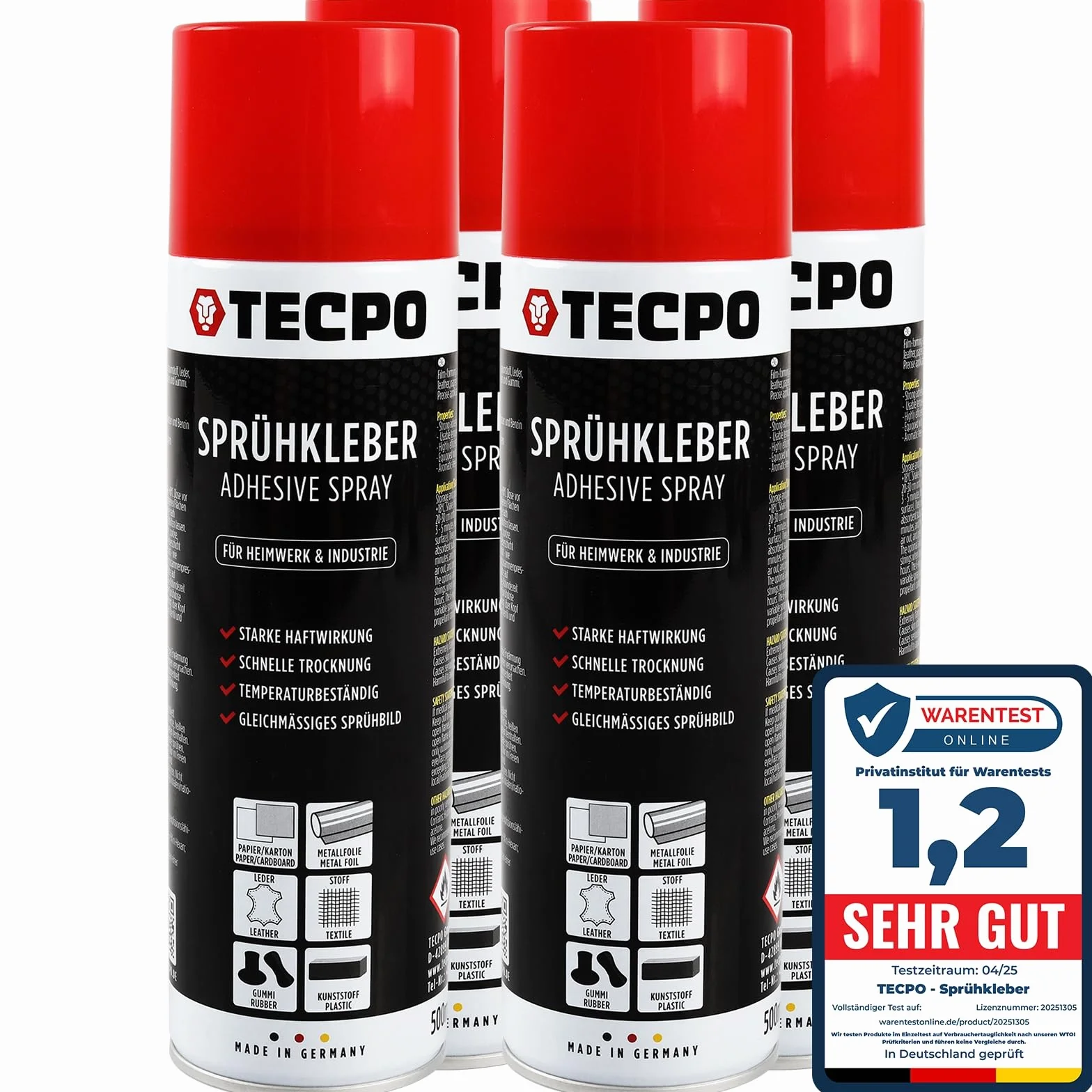 TECPO Lot de 4 sprays de colle industrielle 500 ml, adhésif industriel, forte adhérence, séchage rapide, haute résistance à la température, polyvalent pour textiles, cuir, mousses, matériaux d