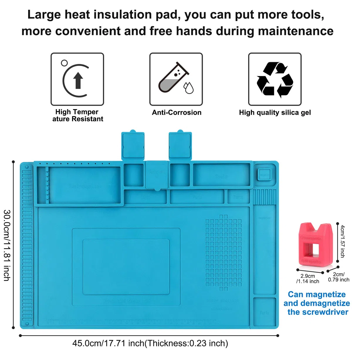 Tapis de soudure, Tapis de soudure en silicone résistant à la chaleur500 ℃ Tapis de réparation magnétique multifonction avec règle intégrée et encoches à vis, 45 x 30 cm