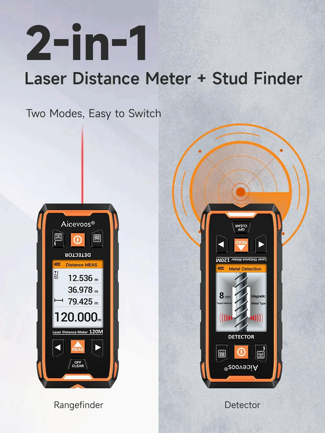 Détecteur Mural - 2 en 1 Scanner Mural et mesure laser de 393 ft avec pour Localiser les Métaux, Chevilles en bois, Câbles électriques CA